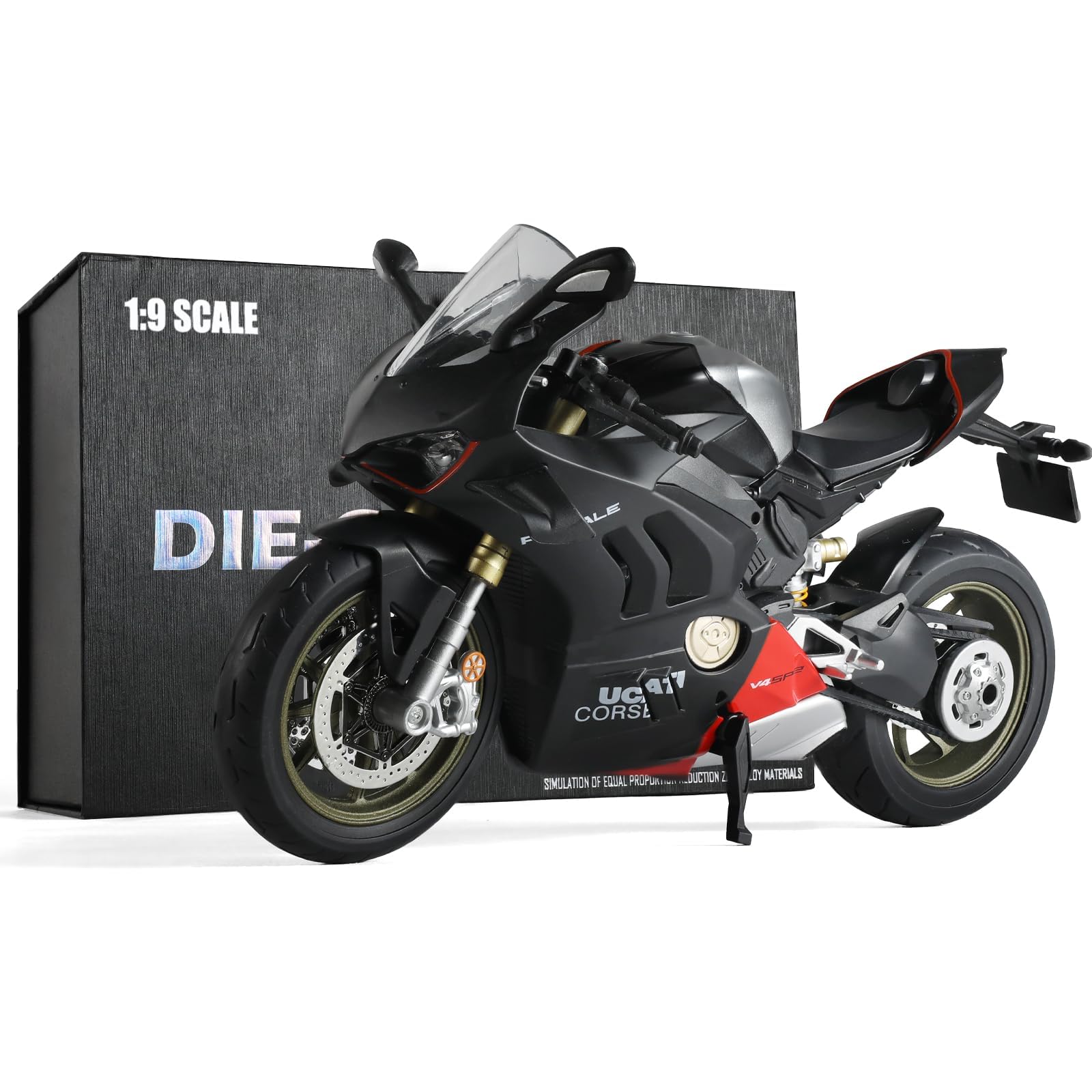 Risopen Odlew motocyklowy model 1:9, kompatybilny z Ducati Panigale V4 SP2, zabawka motocyklowa, zabawka motocyklowa 1:9, kolekcja prezentów dla dzieci i dorosłych (czarny)