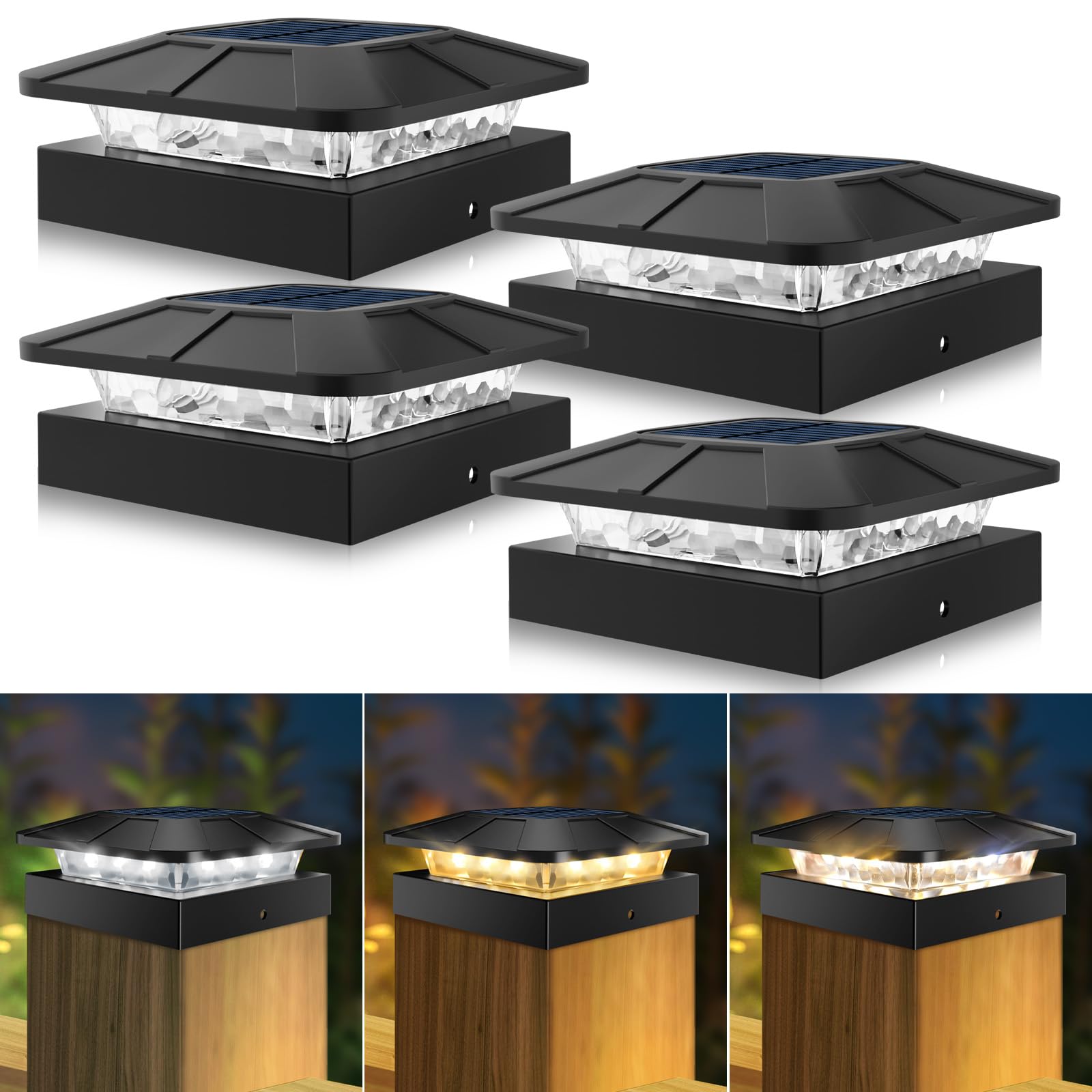 Peasur Solar Post Lights with 3 Modes, Dimmable Solar Powered Post Cap Lamp