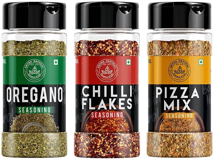 Artha Natural - Pizza Seasonings Combo (Chilli Flakes 80g, Oregano 65g, Pizza Mix Herbs 100g) - 245gm