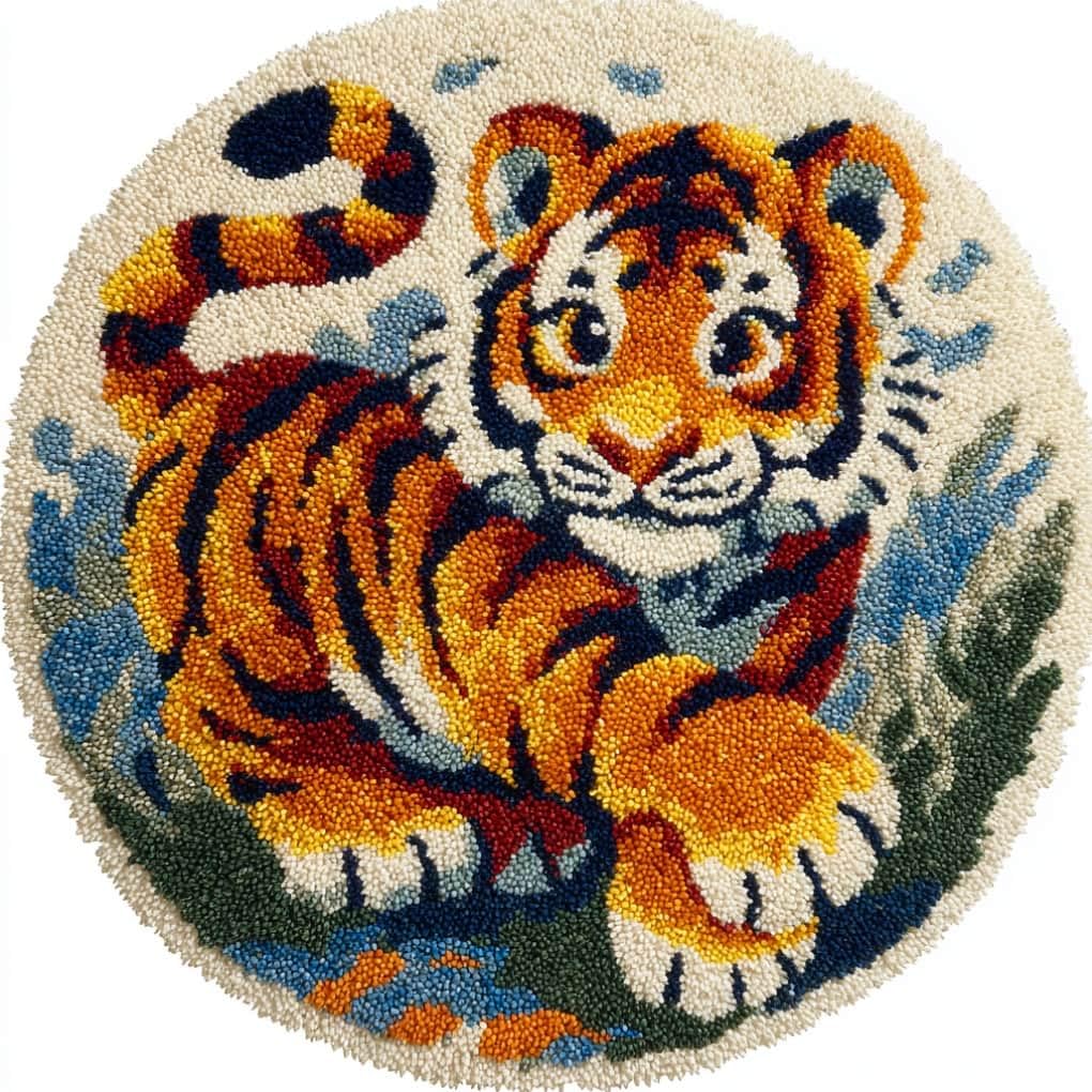 kitphoenix DIY Latch Hook Rug Kits Tiger Easy for Beginners Round Carpet Crochet Yarn Craft Large Rug Hook and Latch Tapestry for Home Decor 50X50Cm