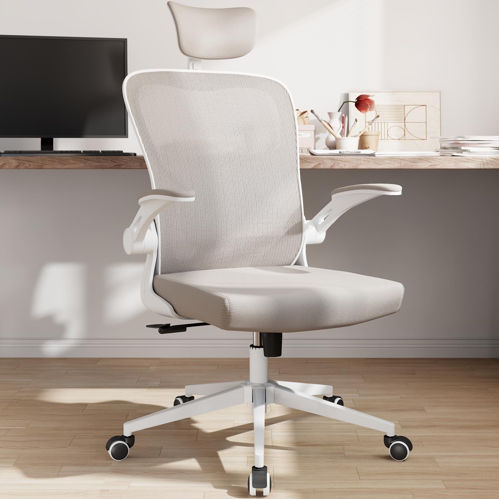 Monhey Sedia da ufficio ergonomica da scrivania, con supporto lombare, poggiatesta e braccioli ribaltabili, regolabile in altezza, con schienale alto, sedia per computer, sedia da studio in rete color