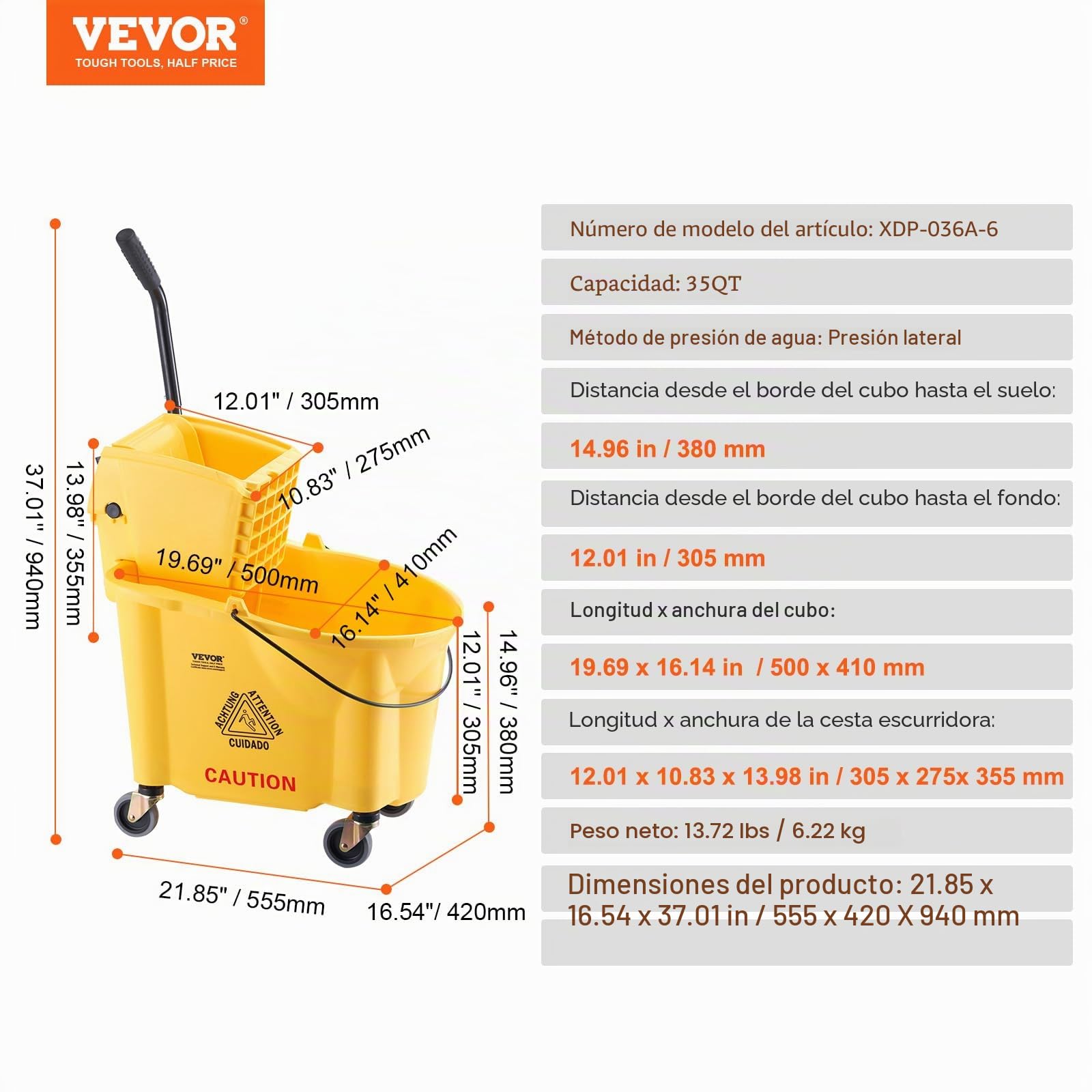 VEVOR Cubo para Trapeador con Escurridor 33L Cubo de fregona con Escurridor de Presión Lateral Cubo de Fregona de Presión Lateral y Escurridor Combinado con Ruedas para Limpieza de Pisos, Amarillo