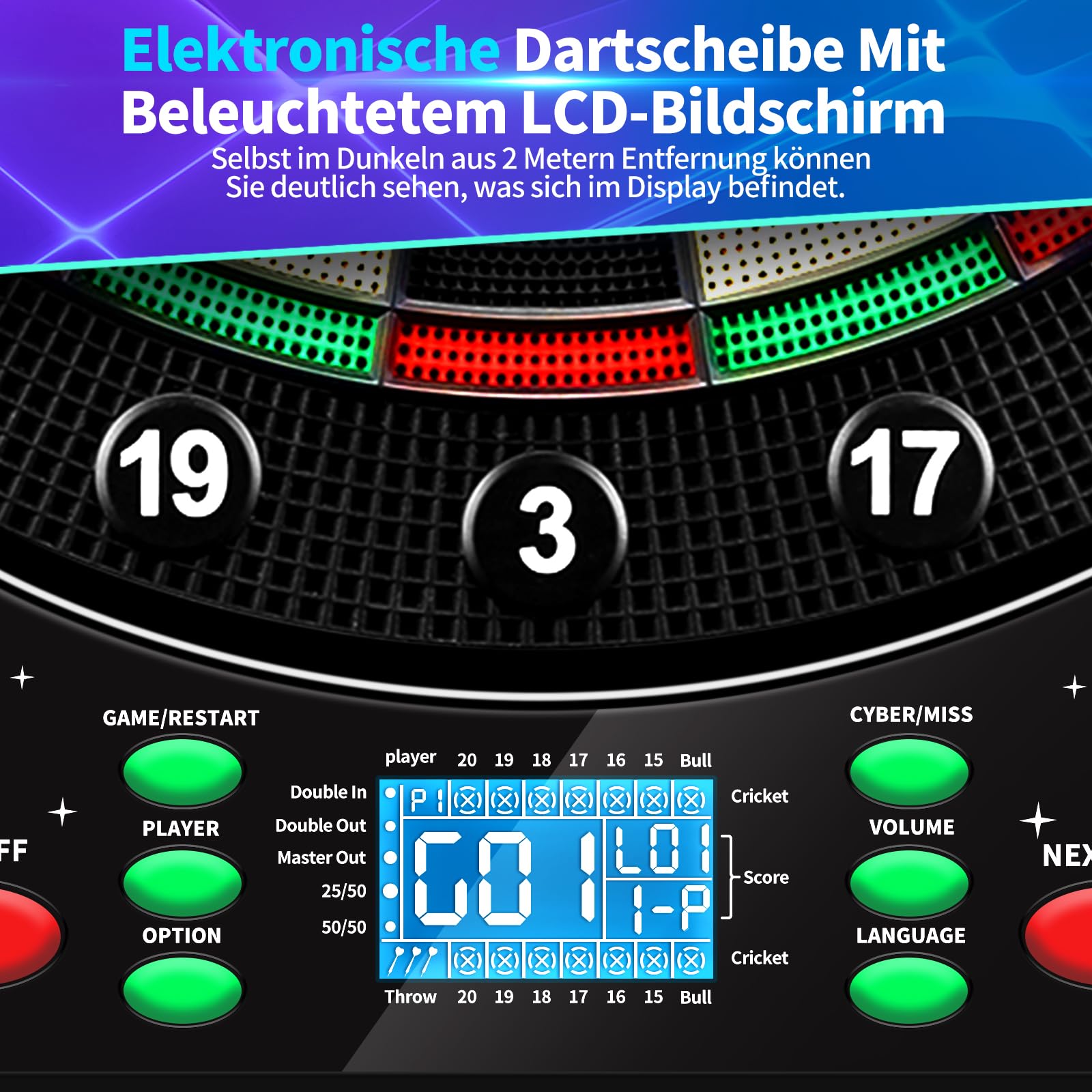 Dartscheibe Elektronisch Profi mit Deutsche Stimme&12 Dartpfeil, Elektronische Dartscheibe mit LCD-Bildschirm, 34 Spiele&355 Variationen, E Dartscheibe Elektronische Dartboard für 1-8 Spieler