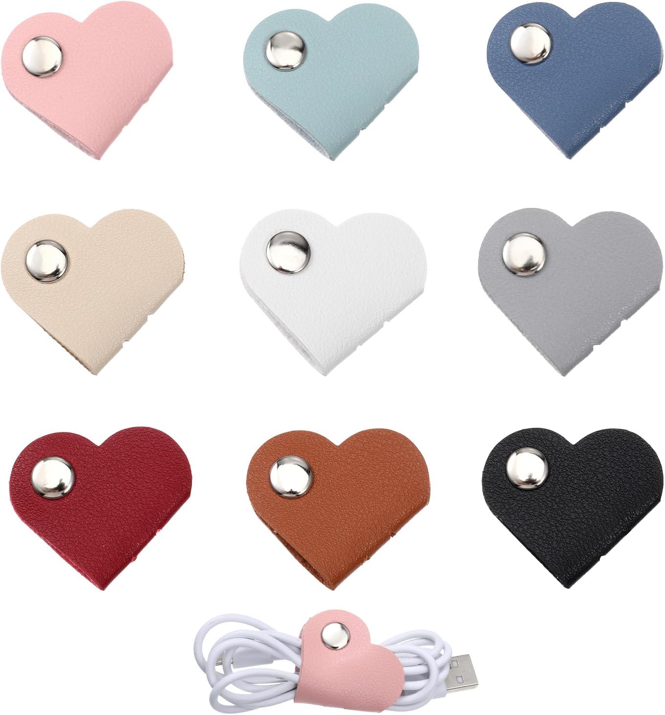 9PCS Heart Cord Organizer, Portable PU Leather Headphone Cable Earbud Data Cord Protector Headphone Cable Straps Wire Organizer, Storage PU Leather Earphones Storage Straps for Electronics Earbuds USB