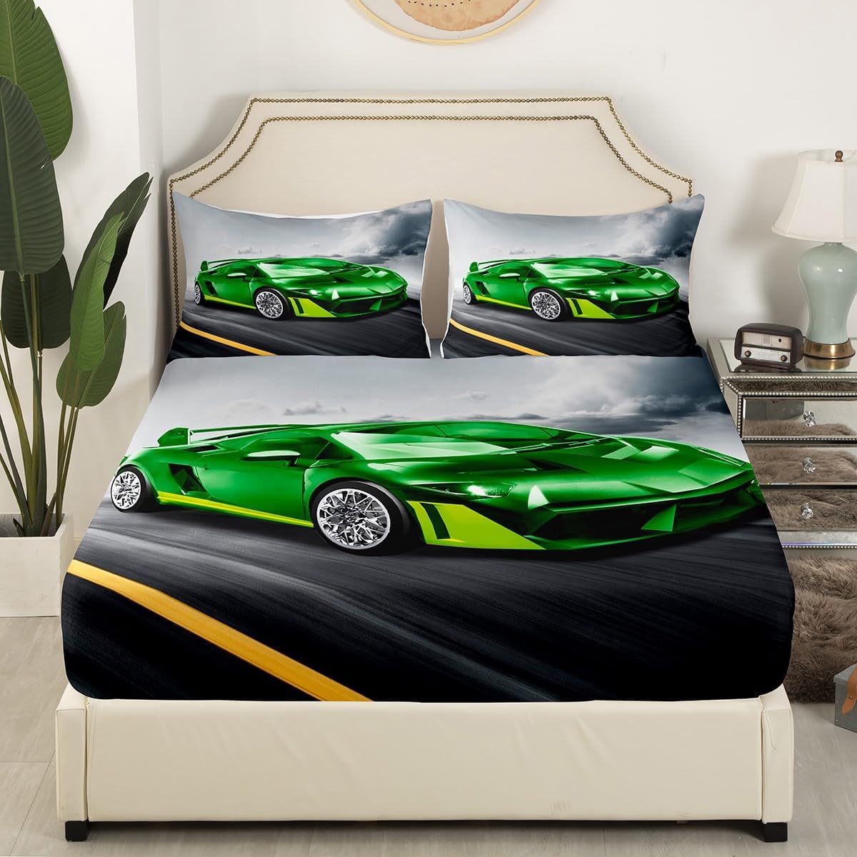 Erosebridal Race Car Toddler Sheet Set King, Green Racing Car Sheets Extreme Sports Theme Bed Sheet for Kids Boys Teens Adult Men, Speed Sports Car Top Sheet Racing Car Gifts for Kids
