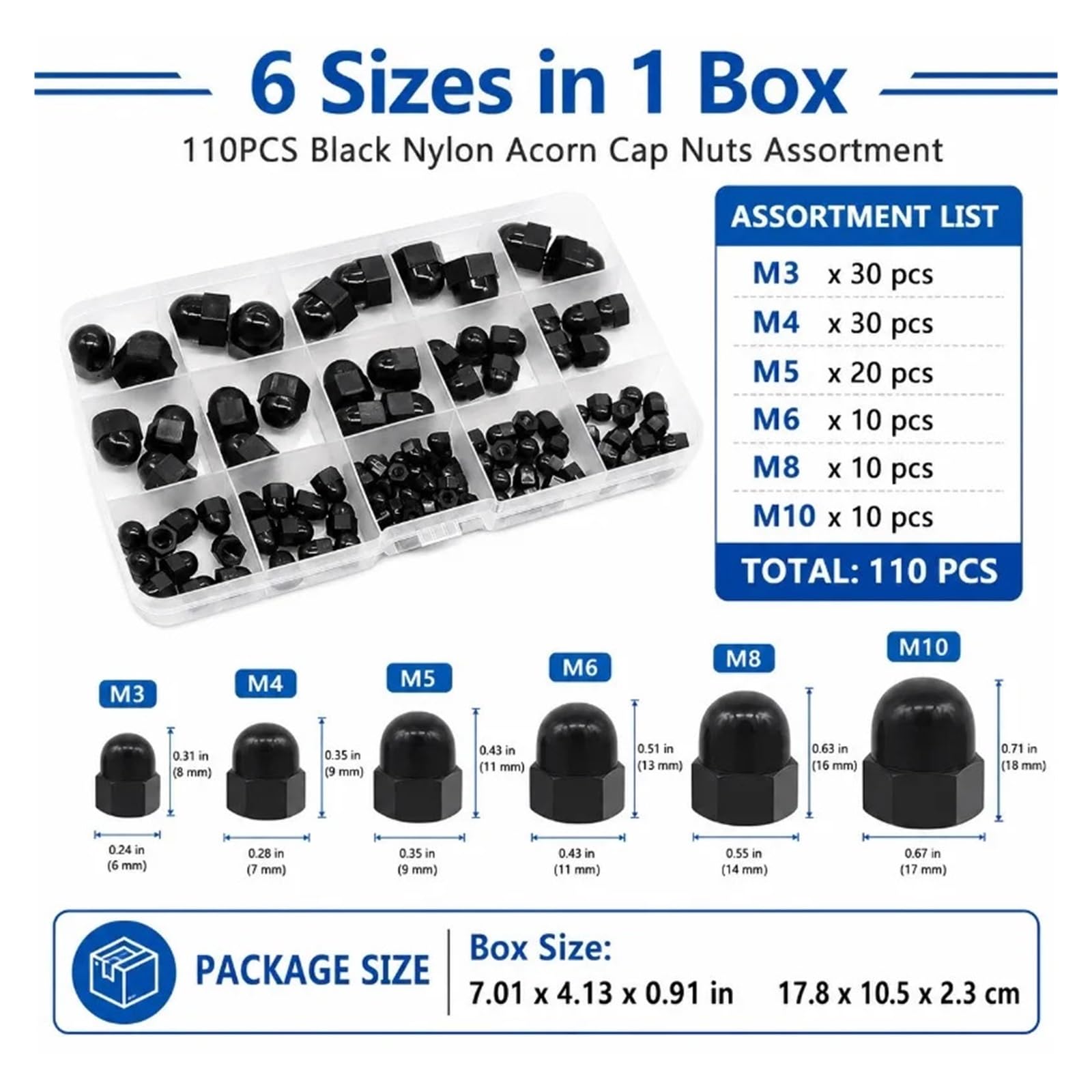 Sechskant Hutmutter Edelstahl Schwarze Nylon-Hutmutter | Sortiment M3-M10 Kuppel-Sechskantmuttern-Set, Box for Bolzen, Schrauben, DIY-Reparatur