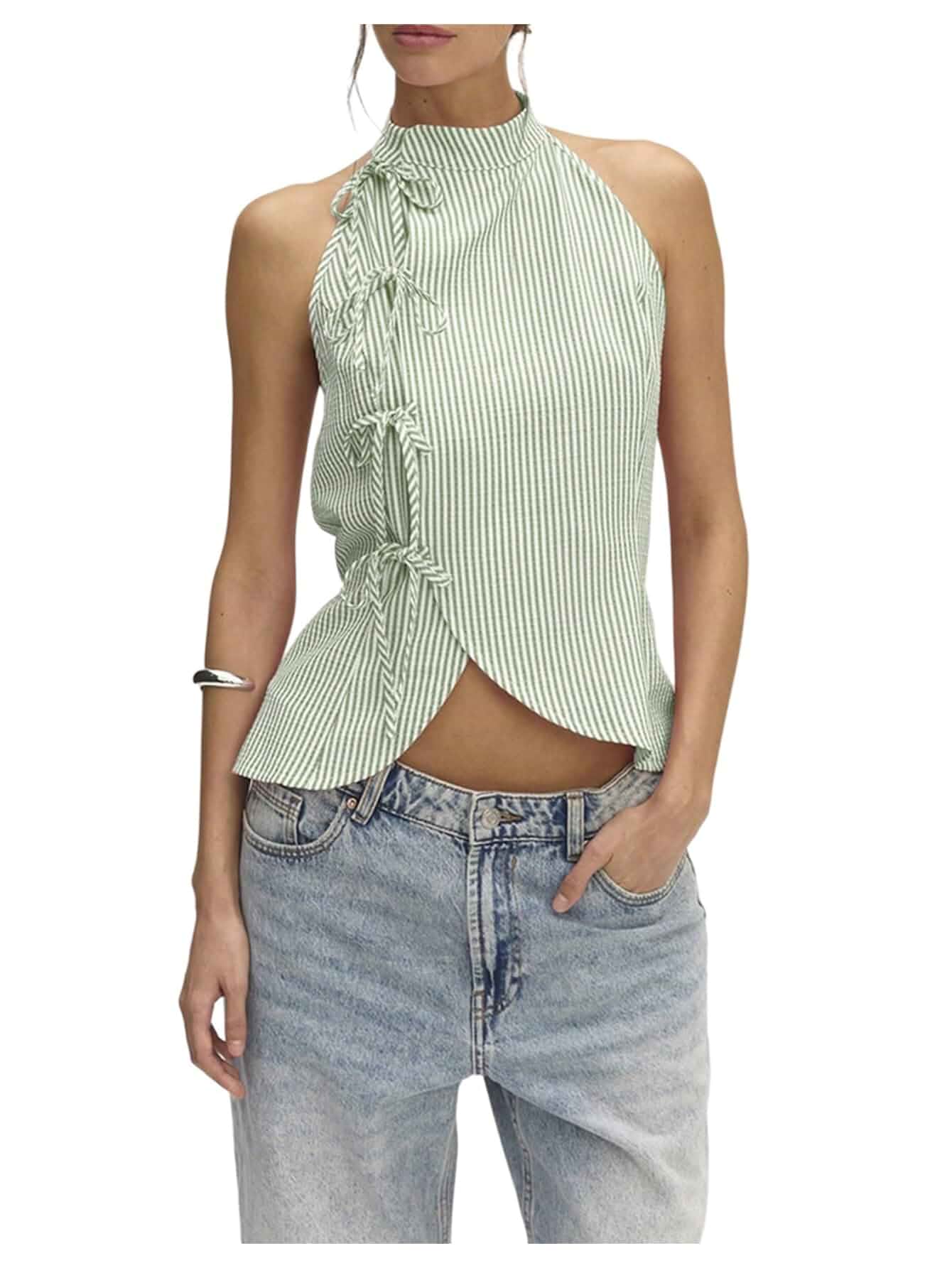 Milumia Women's Striped Tie Front Halter Top Sleeveless Open Back Wrap Asymmetrical Hem Tank Tops Sleeveless