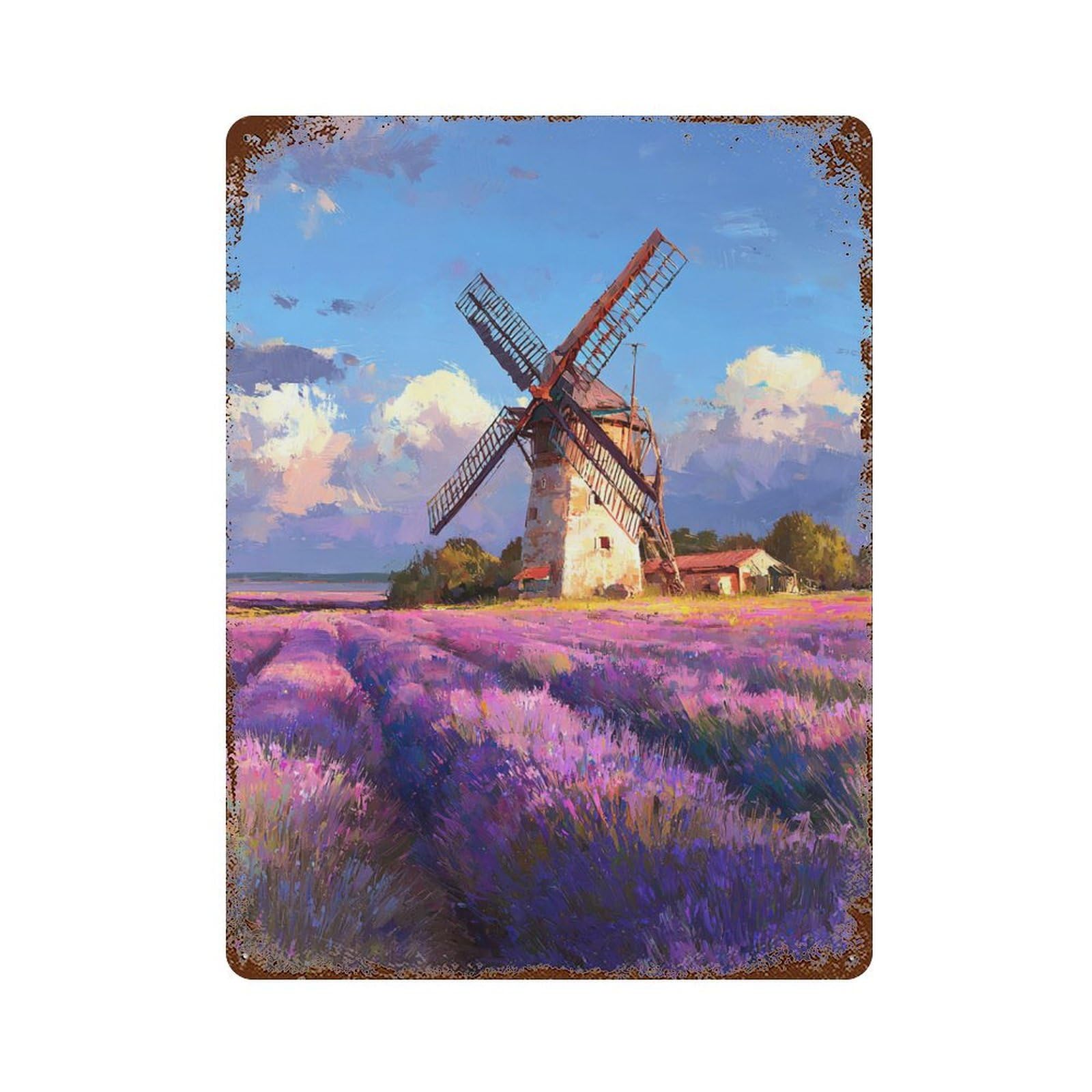 Lavender Field with Windmill Decorative Tin Sign 15.7"x11.8", Vintage Wall Decor for Garage, Pub Or Kitchen