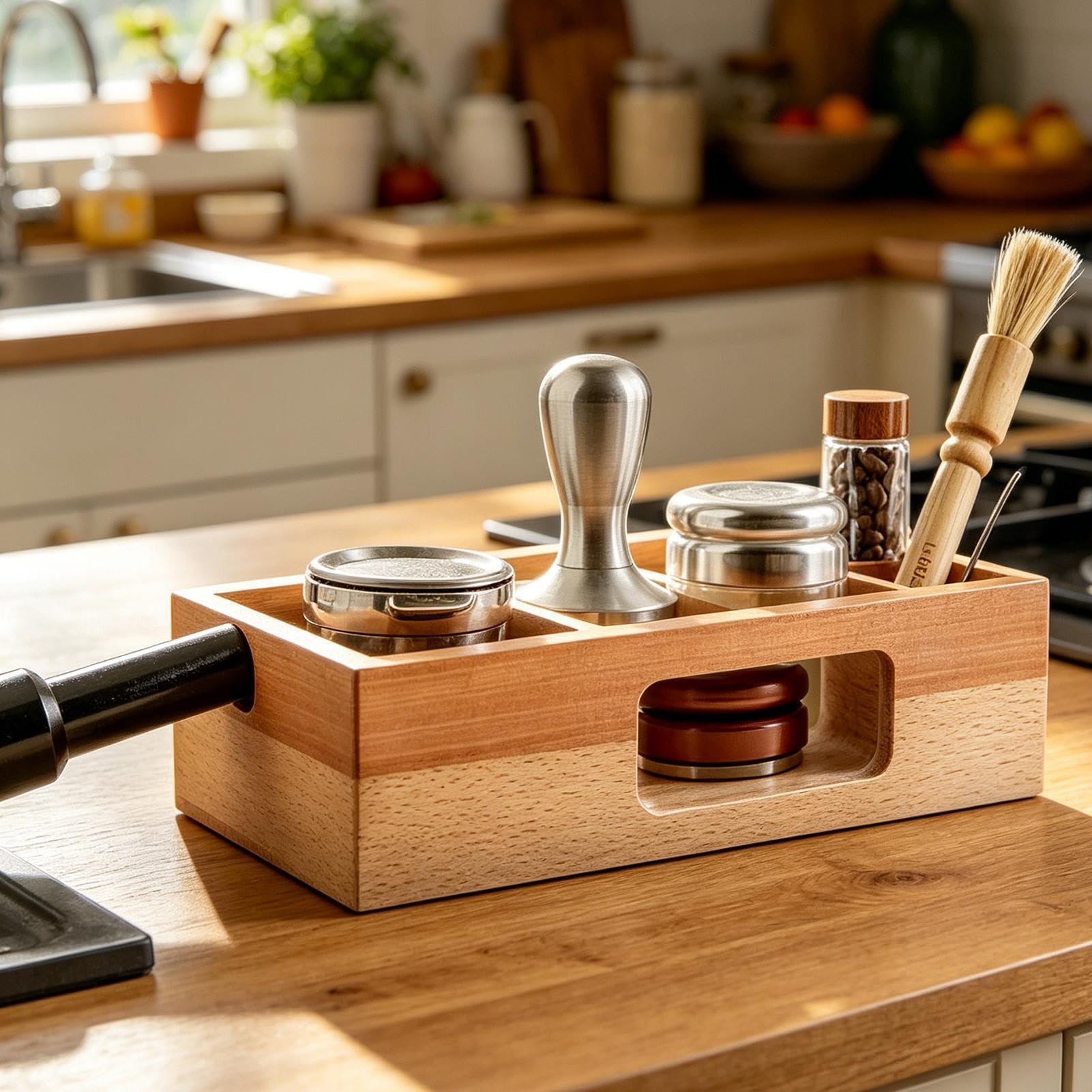 Stacja do tampowania Organizer z naturalnego drewna 58 mm | Akcesoria do ekspresu Espresso dla kawiarni kuchni blatu kącika porannego codziennego parzenia stacji kawowej