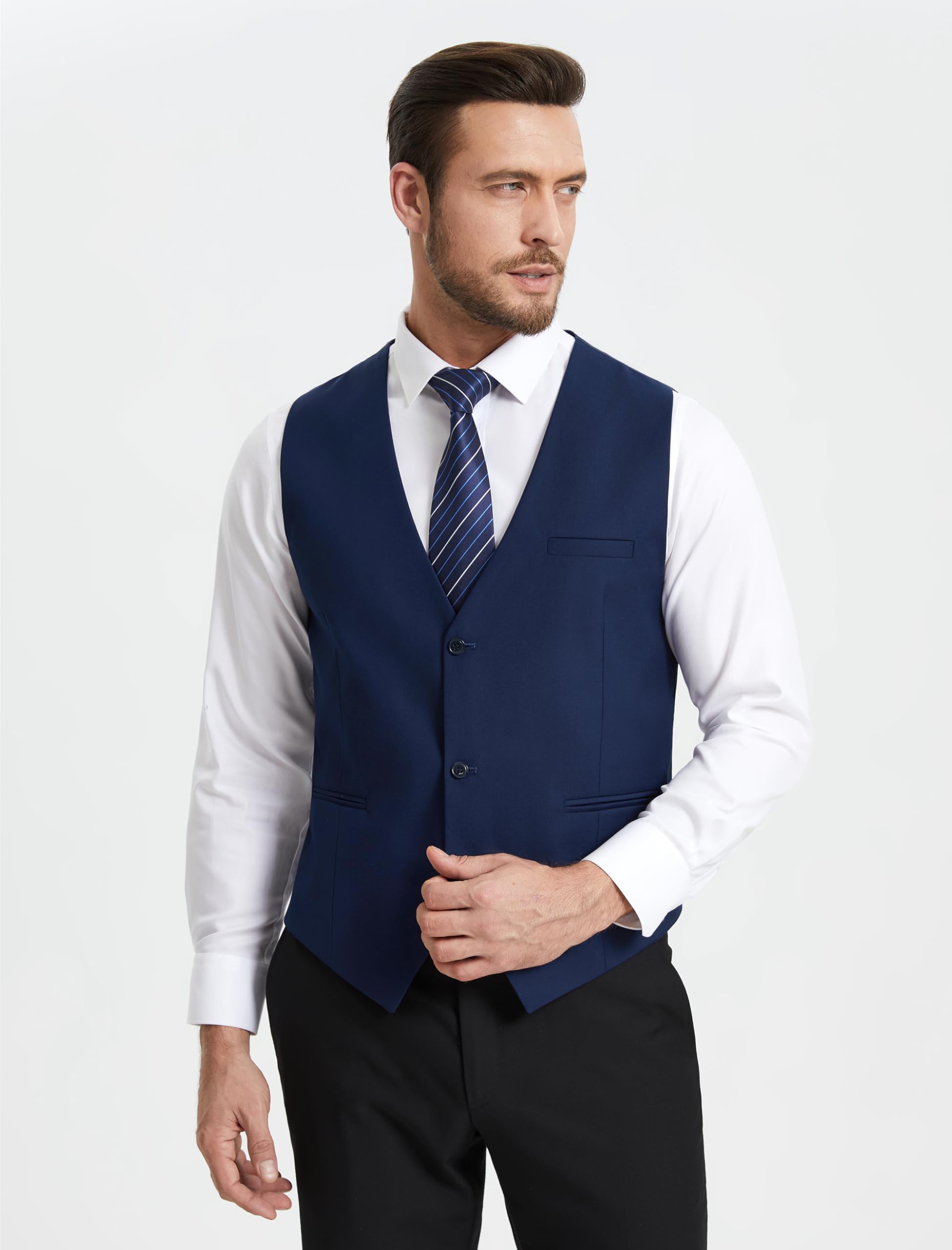 HISDERN Gilet Costume Homme Sans Manches Col en V Ajustable Respirant Léger Formelle Classique Élégante Gilets Hommes avec 3 Boutons Poches pour Bureau Mariage Cérémonie Voyage Taille Régulière S-4XL