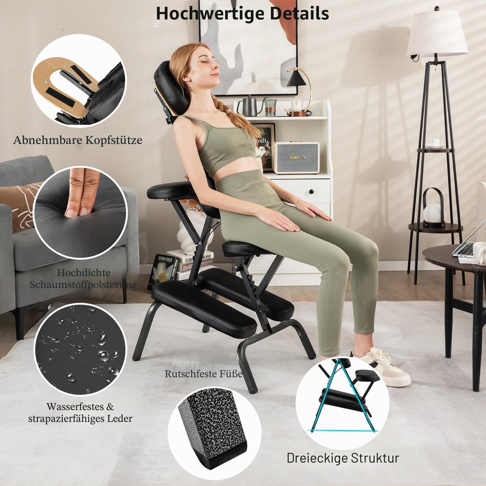HOMASIS Faltbarer Massagesessel, Massagestuhl 110-120 cm höhenverstellbar, Oxford-Stoff, 55 x 48 x 120 cm Schwarz