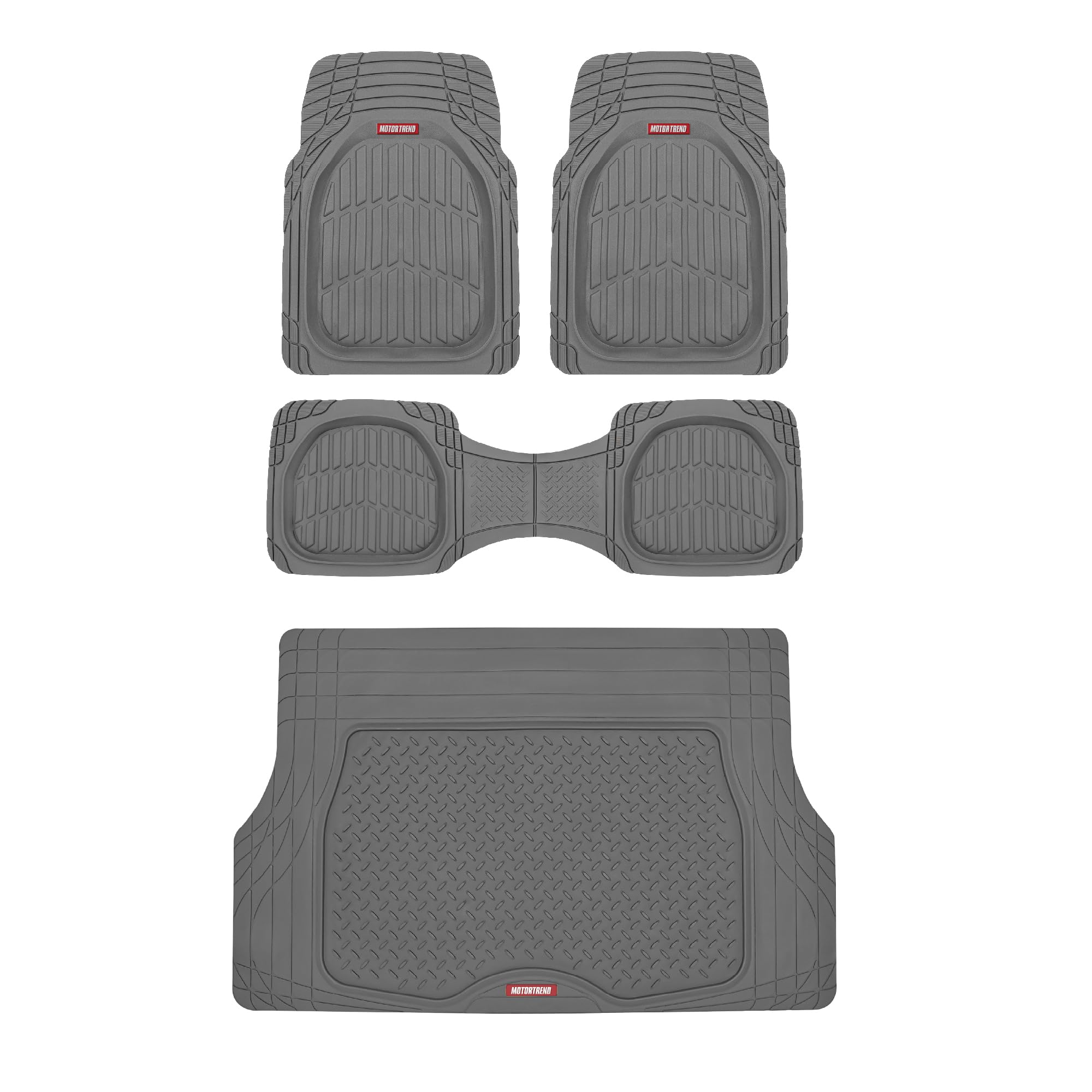 Motor Trend FlexTough 4-Piece Heavy Duty Floor Mats for Cars Trucks SUVs, Automotive Floor Mats Car Mats Full Set Front, Rear & Cargo, Trim-To-Fit Semi-Custom Deep Dish All Weather Rubber Mats - Gray