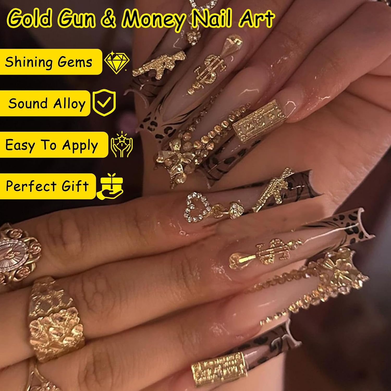 62PCS 3D Nail Charms for Alloy Nails,Set Nail Art Decoration with Gold Dollar, Gun, and Coin,Nail Stones and Jewels Accessories for Nail Supplies Manicure Craft DIY(Gold)