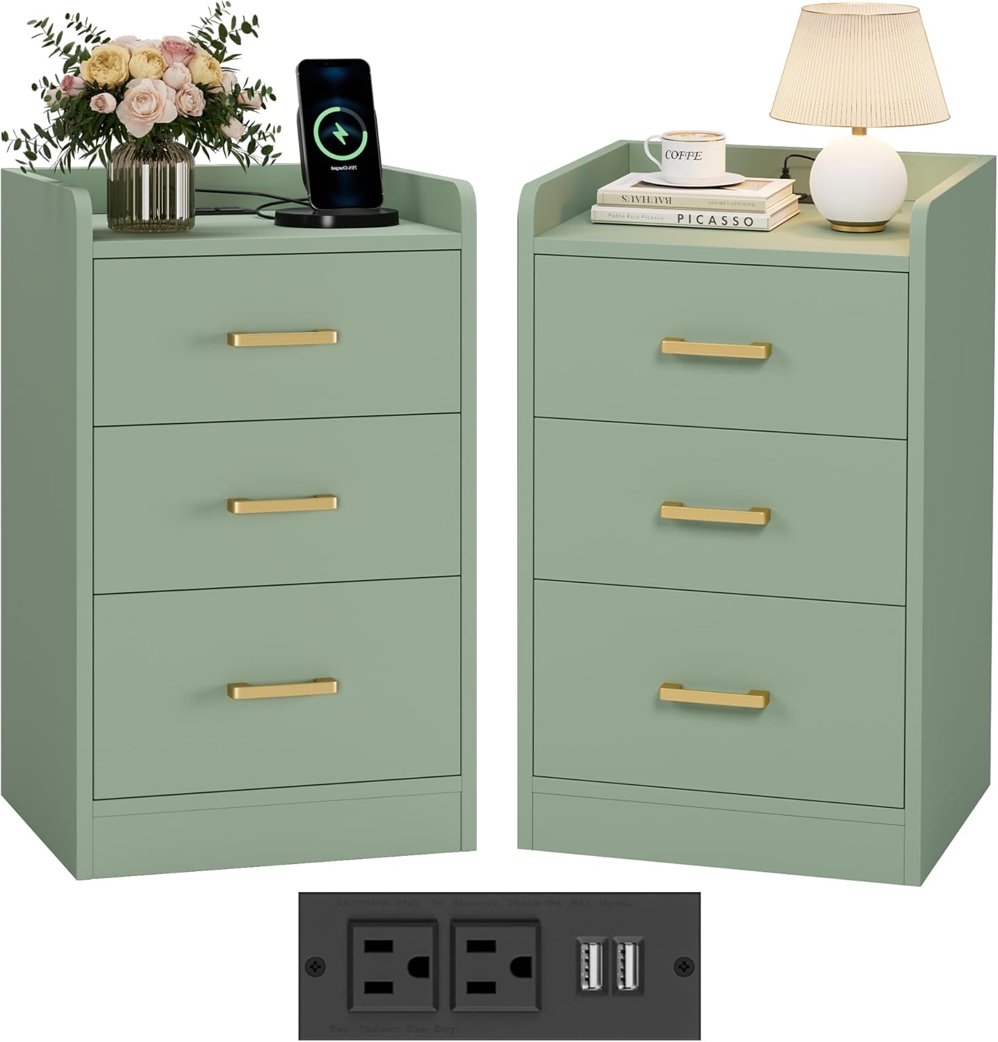 FOTOSOK Nightstands Set of 2 with Charging Station, 3 Drawer Nightstand with Gold Handles, Green Nightstand for Bedroom, Modern Design End Side Table for Home, Office
