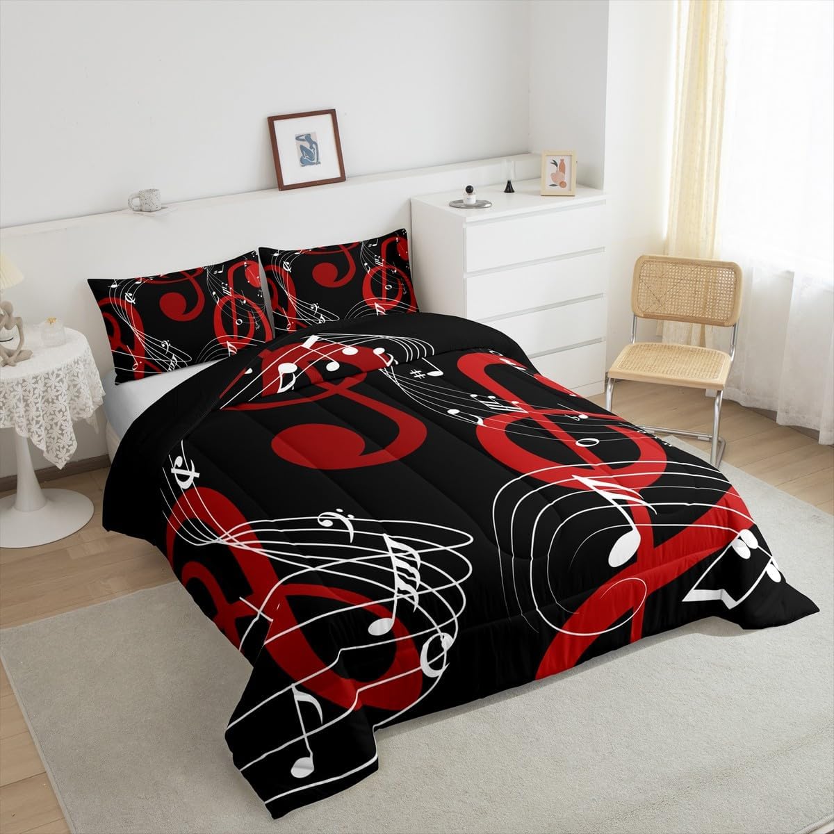 Musical Notes Comforter Set Queen Size,Red Black and White Bedding Set 3pcs for Kids Boys Girls Women Room Decor Abstract Music Theme Quilted Duvet Men Modern Soft Duvet Insert,2 Pillowcases