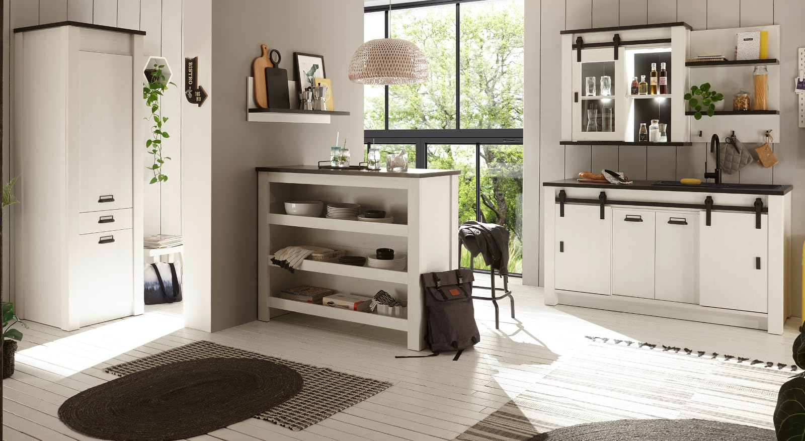 Küche mit Theke komplett Set in weiß Pinie und schwarz/anthrazit Küchenschrank 6 teilig komplette Küche im Industrial Design Stove (Set 1)