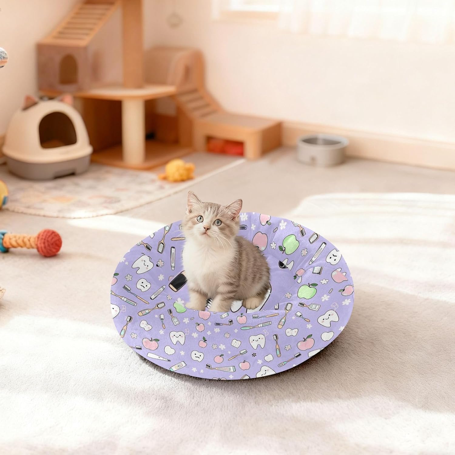 Pet Dog Bed Anxiety Relief Fluffy Dog Pillow Bed for Extra Small Size Pets Sleeping M Cute Teeth and Objects Dental Care on Purple