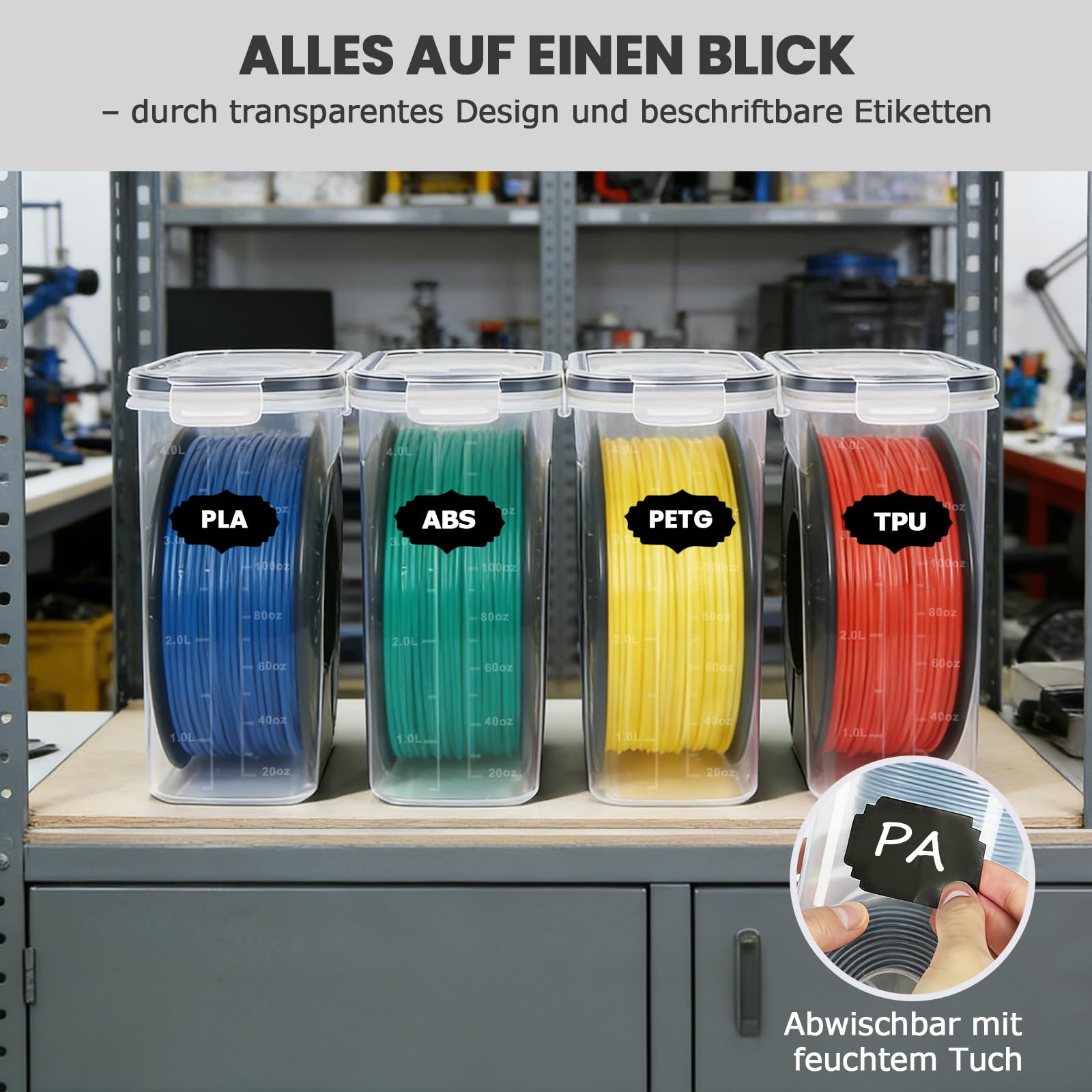 Filament Aufbewahrungsbox, 6 Stück Filament Box für 3D-Druck-Filament Versiegelung und Schutz, Wasser- und Staubdichte Filamentaufbewahrung mit Trockenmittel & Etiketten 4,0L
