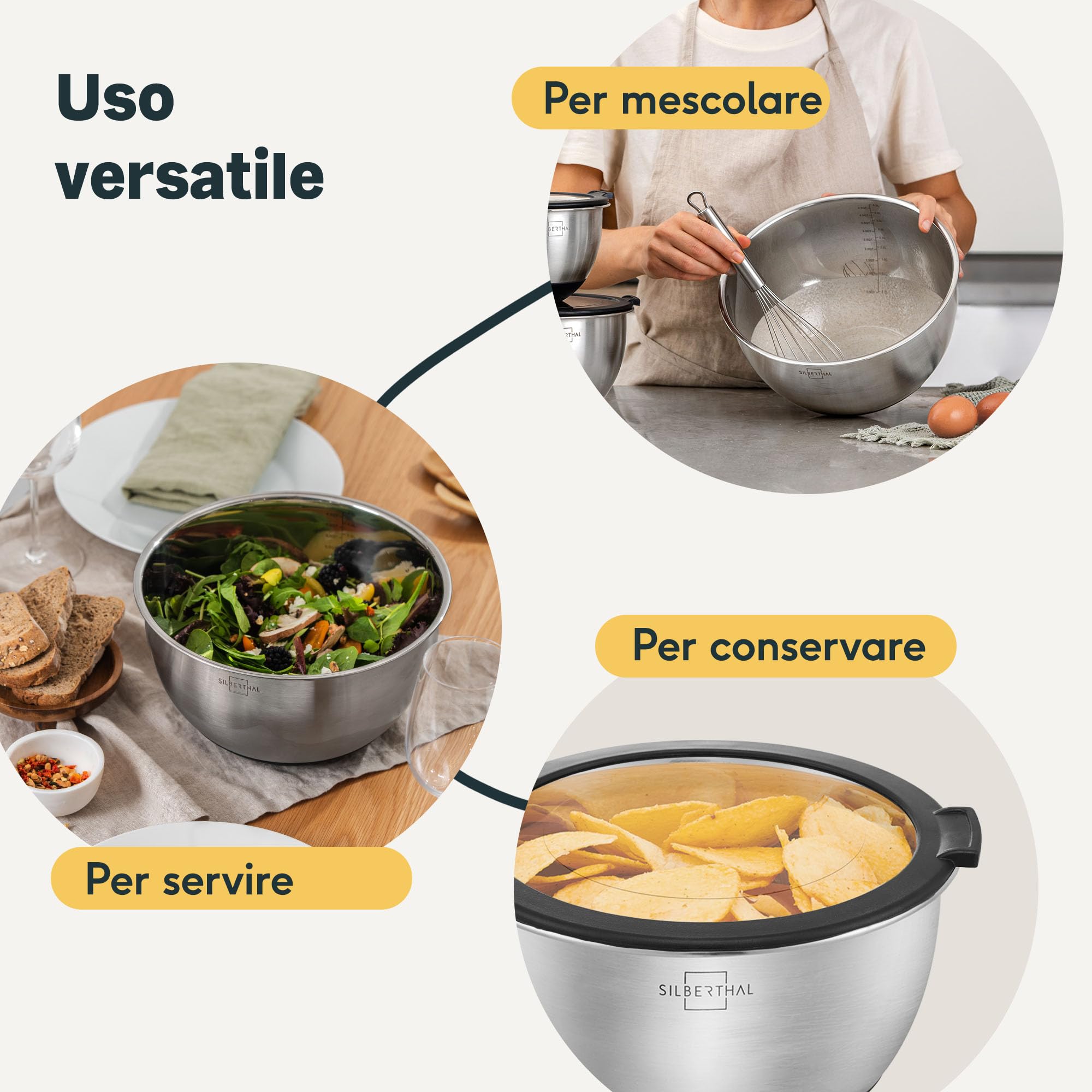 SILBERTHAL Set ciotole acciaio inox cucina - Impilabile e antiscivolo - Coperchio ermetico 1,6L / 3L / 5,1L