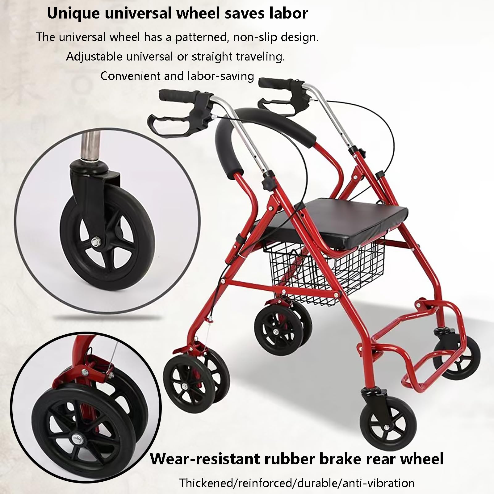 HAILM Rollator Walkers con Asiento Acolchado Extra Ancho y 4 Ruedas para Personas Mayores y Discapacidad, Easy Folding Mobility Aid Walker, Bolsa Almacenamiento, Ligero, Rojo