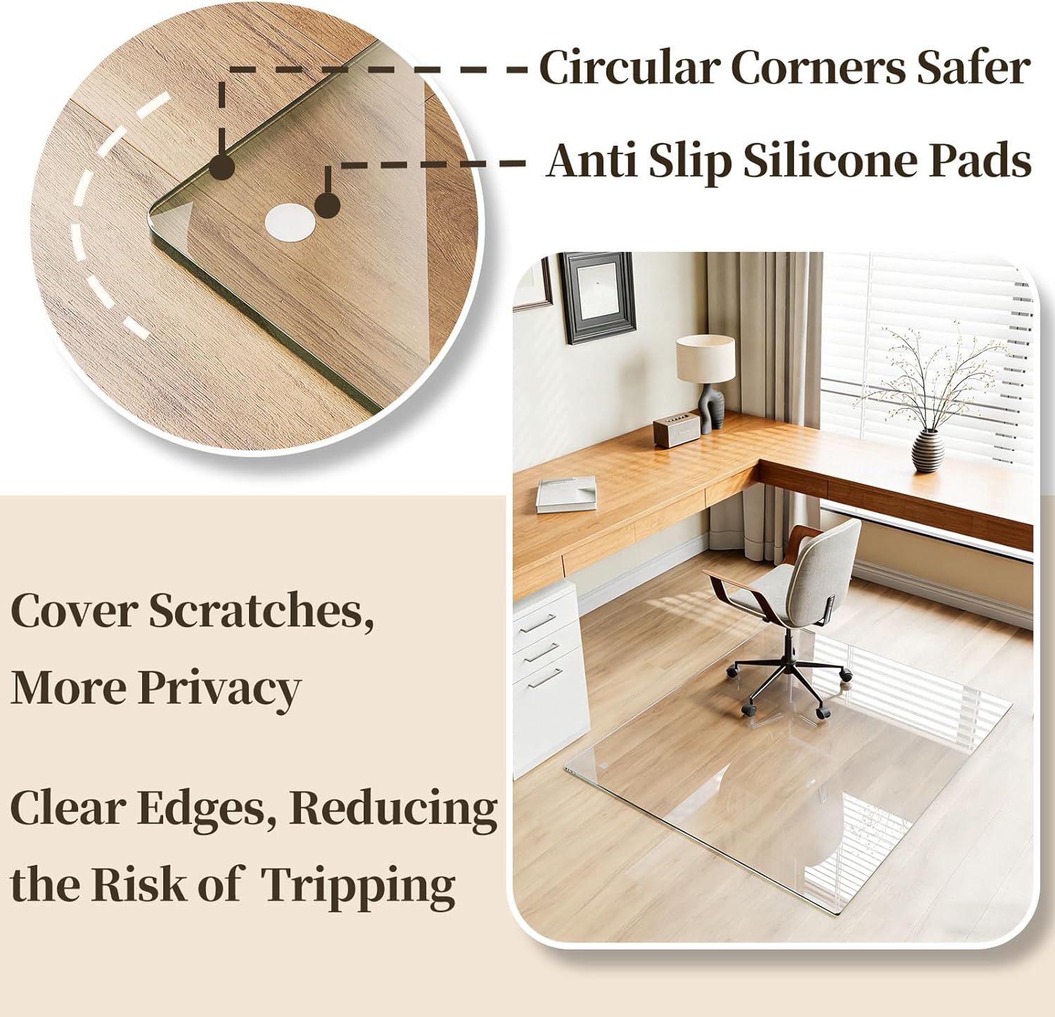 Glass Chair Mat, 36"x55" Office Chair Mat for Hardwood Floor, Clear Carpet Protector Mat for Office Chair, 4 Non‑Slip Pads, Noise-Free Gliding Shatterproof for Home Office Desk
