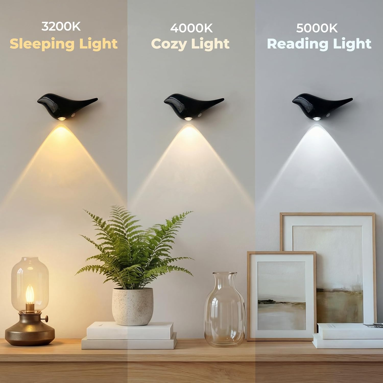 Obsidian Bird Wall Lights 2 Pack, Rechargeable Motion Sensor Night Lights, Cordless LED Bird Sconces, Magnetic Adhesive Mount, Soft 22–25LM Glow, 3 Colors for Hallway Bedroom Bathroom