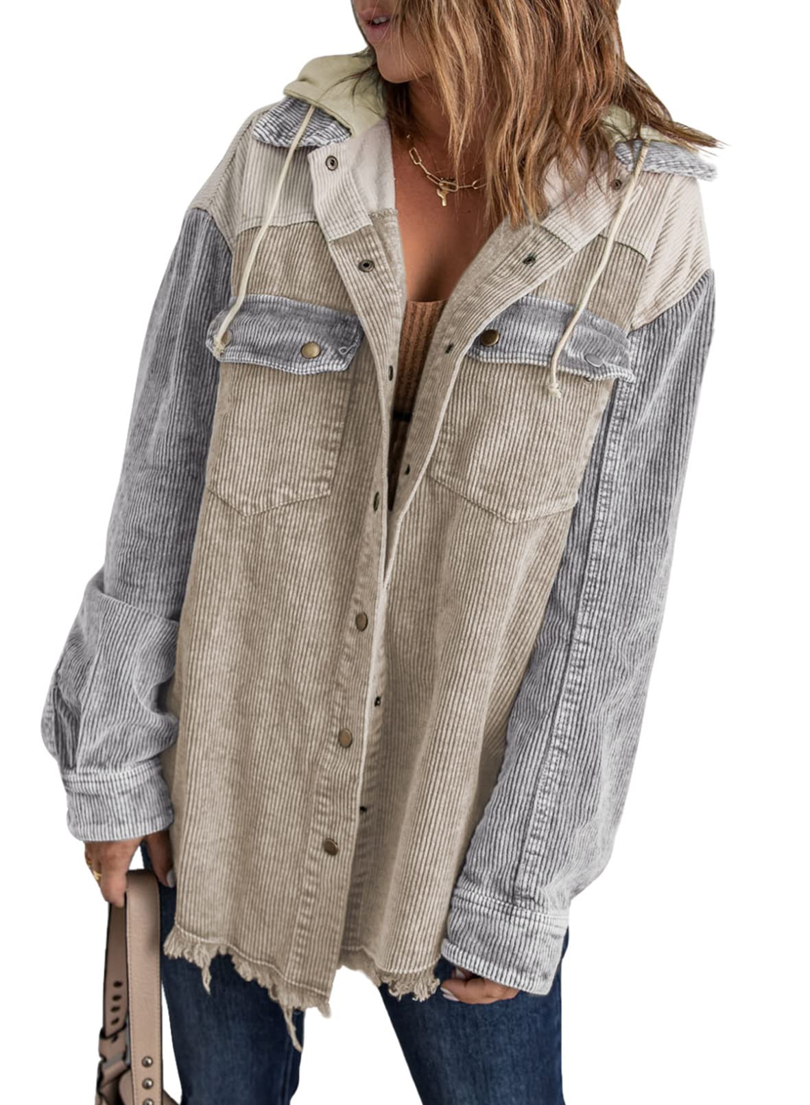 Dokotoo Womens 2025 Fall Corduroy Shacket Jacket Long Sleeve Button Down Color Block Hooded Coat with Pockets