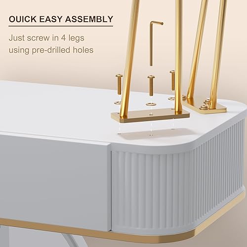 Miniatura 5 de Tocador Pequeño con Espejo y Luces, Tocador de Maquillaje Blanco y Dorado de 39" con 2 Cajones, Mesa de Tocador Moderna para Mujeres, Dormitorio y