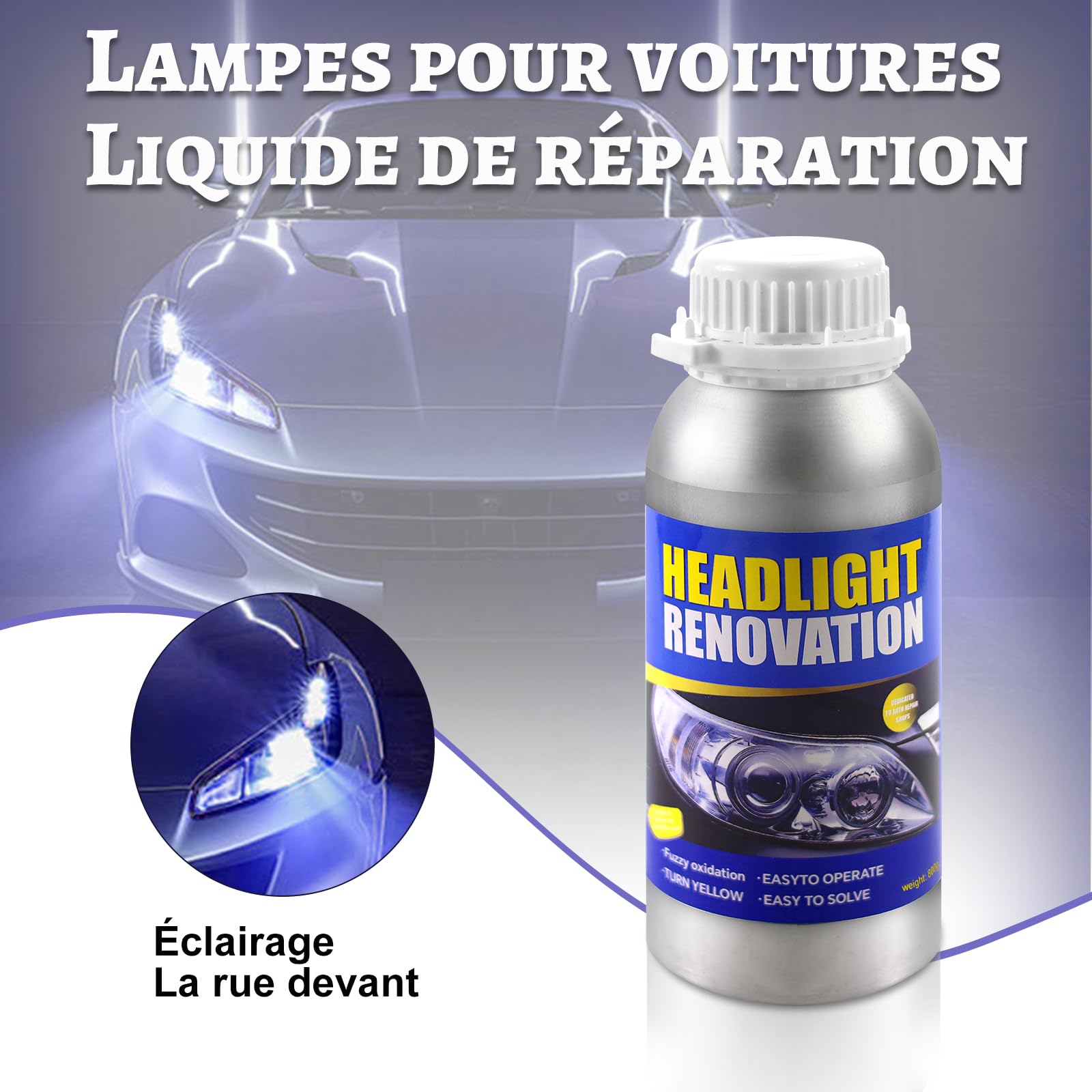Reparación Faros, Pulir Faro,800g Pulido Faros Coche,Renovador Faros Coche,Kit Reparación Lente Faros Coche,Restauración Faros para Amarillear/Rayones/Grietas