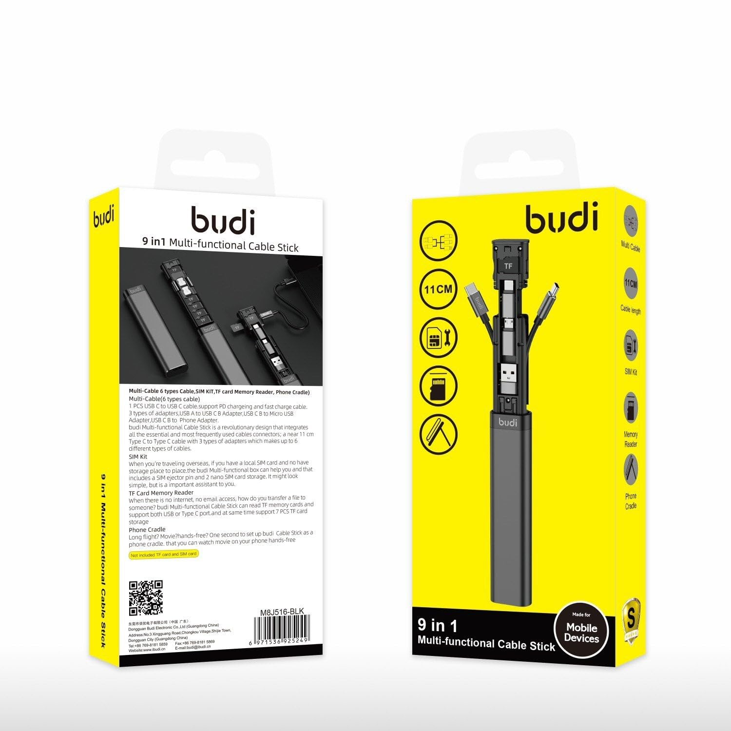 Budi 9-in-1 Essential Travel Charging & Data Sync Cable Stick for Smart Phone TF Card Storage - Black
