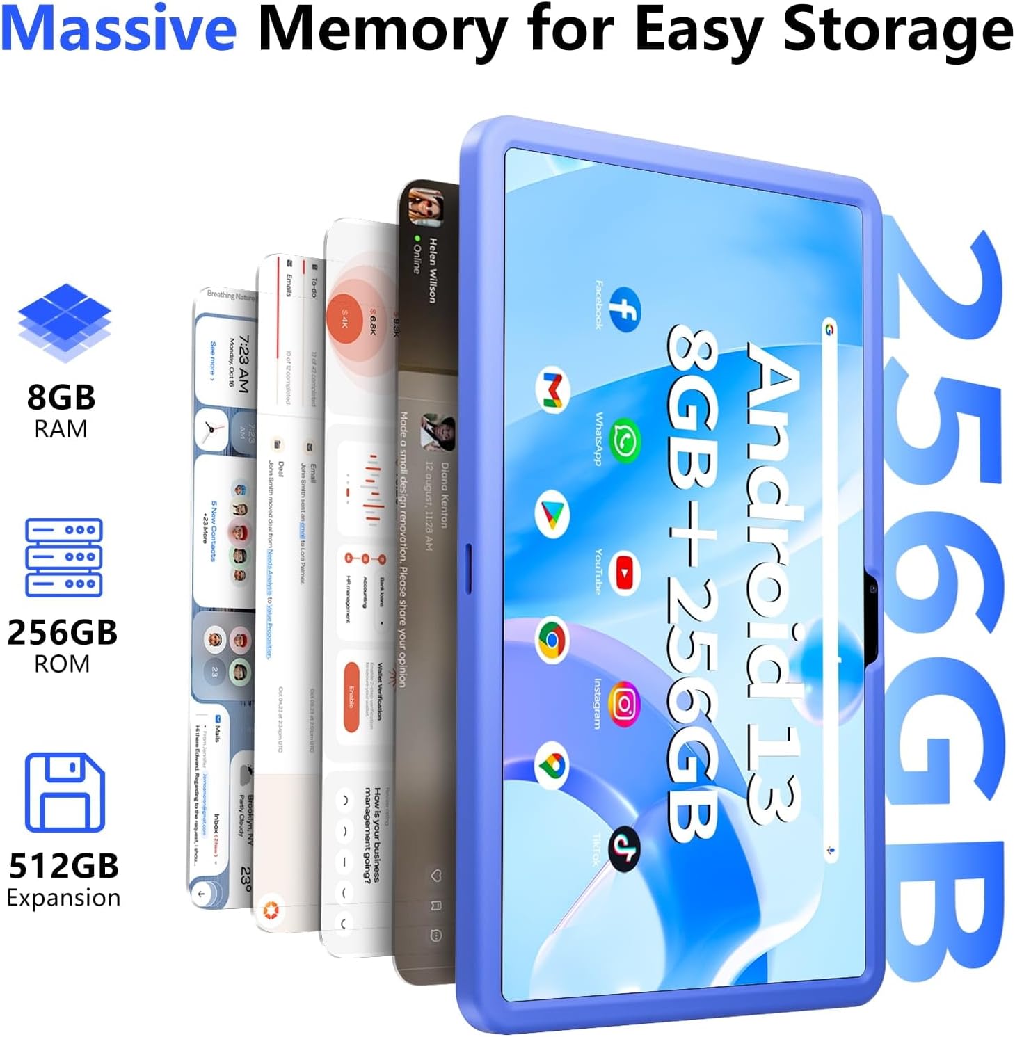 SGIN-T12S tablet highlighting its 8GB RAM, 256GB ROM, and 512GB expansion capability