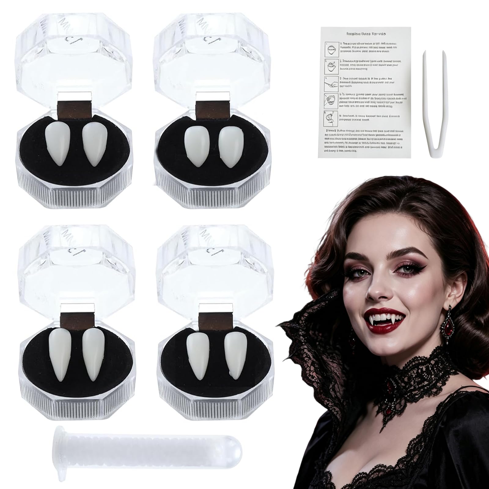 4 Pairs Vampire Fangs, with Tube Solid Adhesive and Tweezer