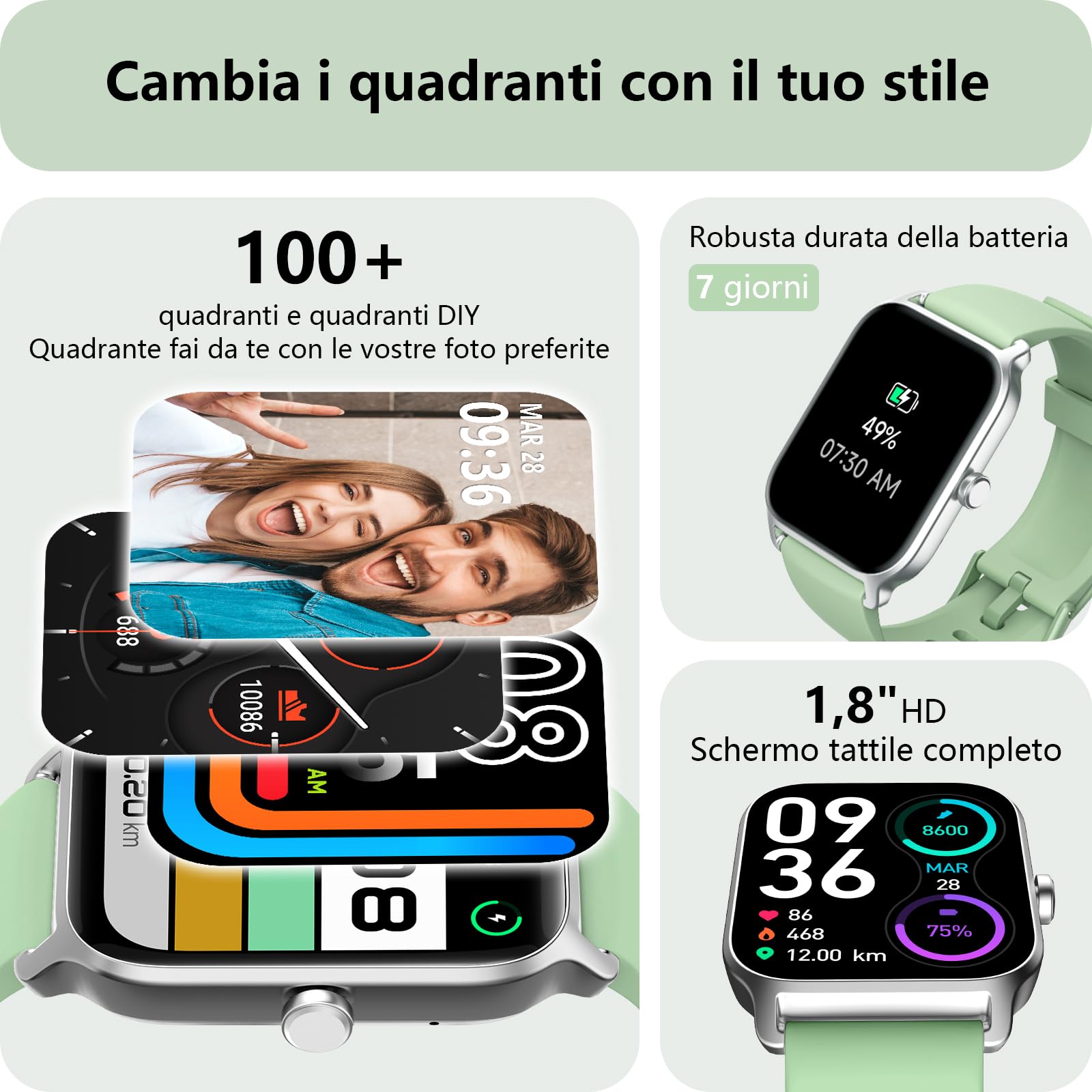 Smartwatch Uomo Rispondi/Effettua Chiamate e Alexa, 1.8" Orologio Smartwatch SpO2/Frequenza Cardiaca/Sonno/Stress, 120 Modalità Sport, Orologio Fitness IP68 Regalo Uomo (verde, 1.8)