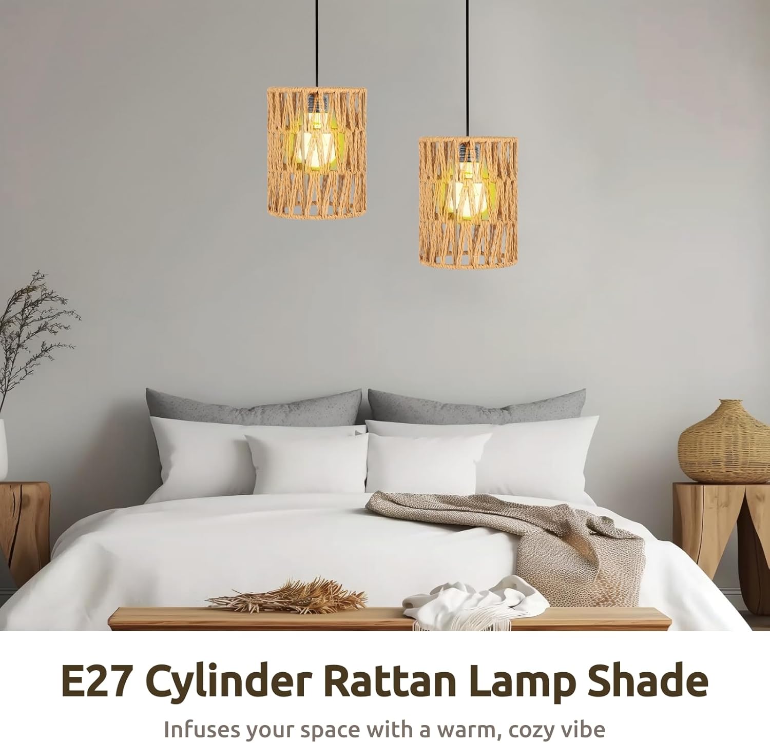 6 PCS Rattan Lamp Shade,Small Wicker Pendant Light Shade - Cylinder Woven Wicker Lampshades Replacement,Paper Rope & Metal Frame,Bohemian Ceiling Hanging Light Shades for Wall Light