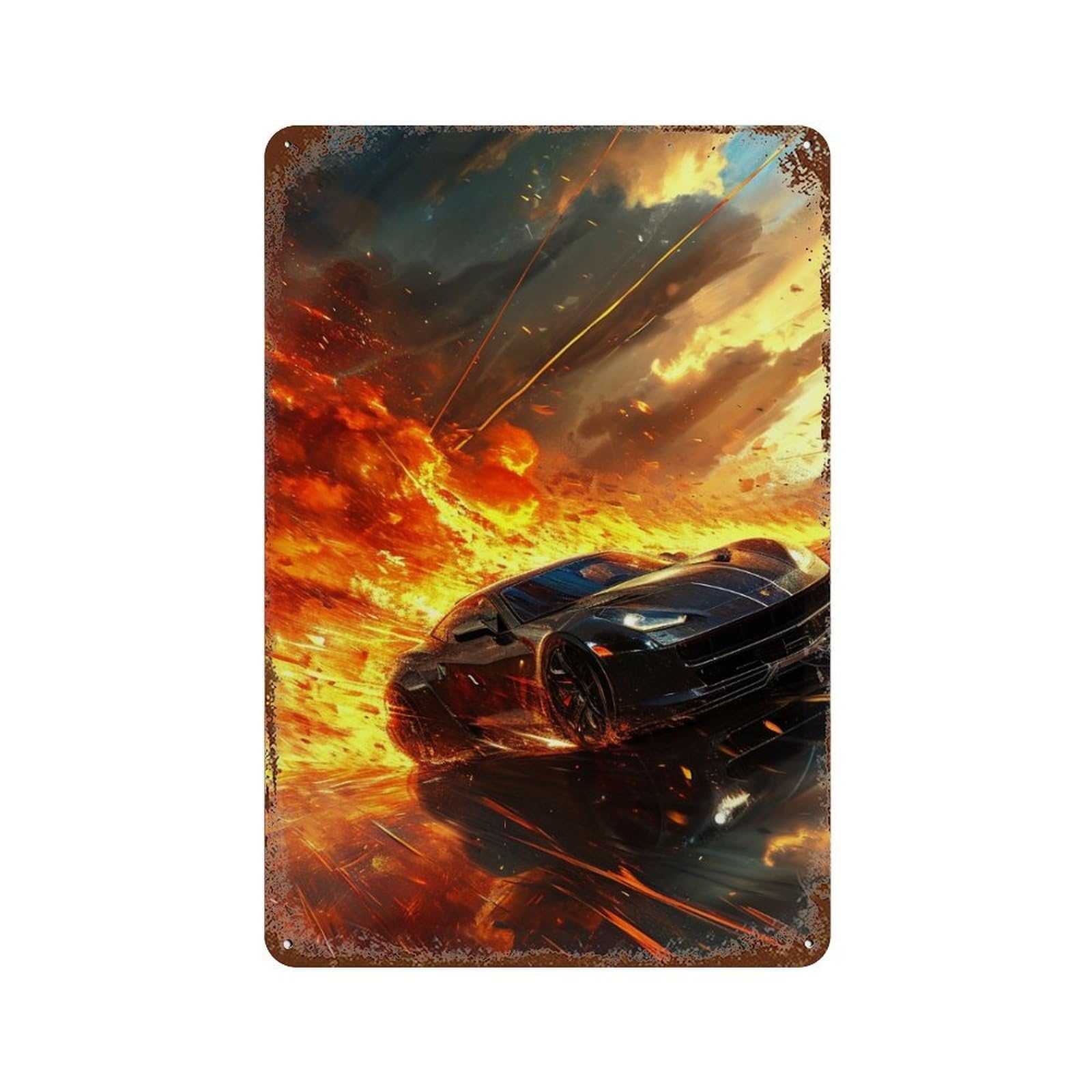Rust Effect High-Speed Racing Action Rustic Tin Plaque 11.8"x7.9", Classic Wall Plaque for Shed, Workshop And Garage Wall Decor