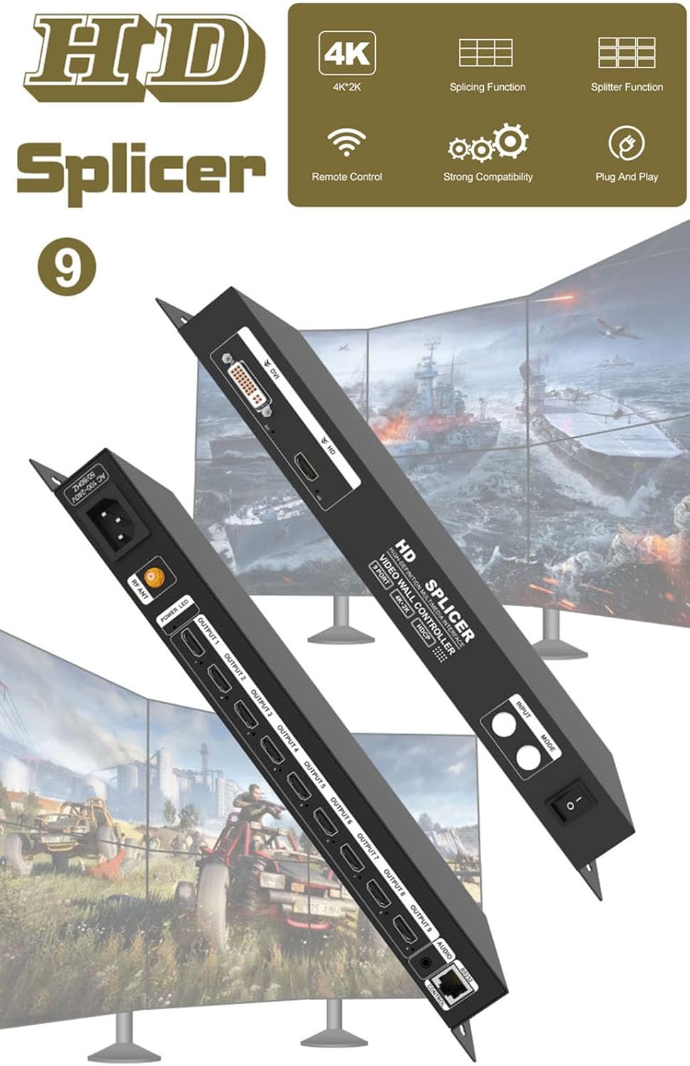 4K 3x3 HDMI New Video Wall Controller HDMI 1.4, HDCP1.4 Compliant | 1 HDMI/DVI Input 9 HDMI OutputTV Video Processor Splicer 1x2 1x3 1x4 2x1 2x2 2x4 3x1 3x2 4x1 4x2 Upgrade with RS232 Control