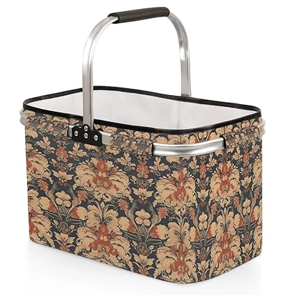 Kizmoglux Bohemia Flower Vintage Floral Collapsible Market Basket, Foldable Picnic Basket - Large Shopping Basket with Handles, Portable Folding Bag for Shopping Camping Picnic