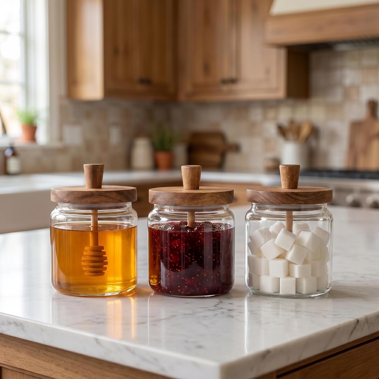 17 oz Wide Mouth Glass Honey Jar with Wooden Dipper and Lid image 5