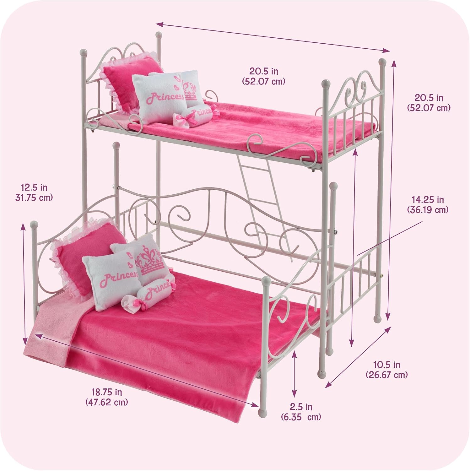 Badger Basket Metal Doll Loft Bed with Daybed for 18 Inch Dolls – Includes Ladder, Bedding & Pillows