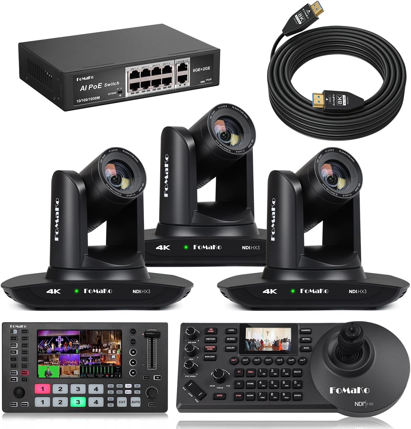 FoMaKo K30NS 4K 30x Optical Zoom PTZ Camera with NDI 6 & NDI HX3, KC608 Pro NDI PTZ Camera Controller,for University Graduation Ceremonies Live Streaming(K30NSX3+M3+KC608 Pro+P1000+FMKH107)
