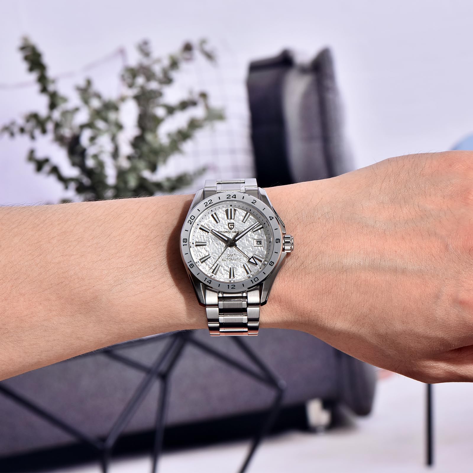 Pagani Design Herren GMT Automatikuhr Mechanisch Saphirglas Feste Lünette 100 Meter Wasserdicht Edelstahl Leuchtende Sport Herrenuhr