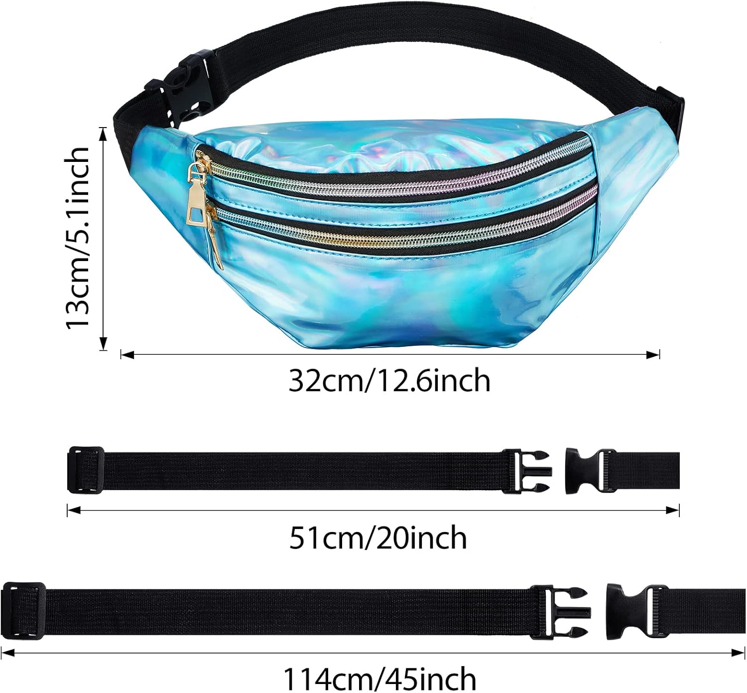 3 Pieces Holographic Fanny Pack for Women Men Kids, Metallic Color Sport Waistbag with Pouches and Adjustable Belt, Hologram PU Waist Pack for Traveling, Running, Partying (Dark Purple, Blue, Silver) - Image 2