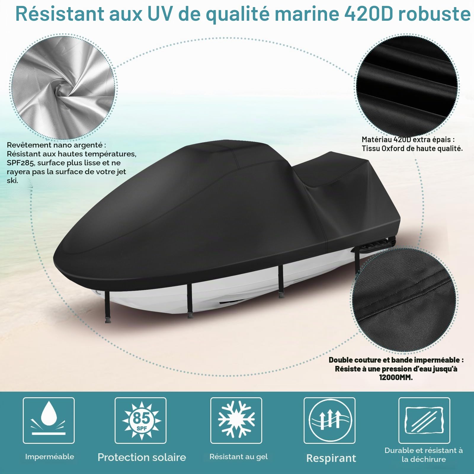 Bache Jet Ski 420D Durable et imperméable, Housse Waverunner 3 Places avec 2 aérations, 4 Boucles Coupe-Vent, Housse Universelle Toutes Saisons pour Seadoo (Noir,XXL : 345-368 cm)