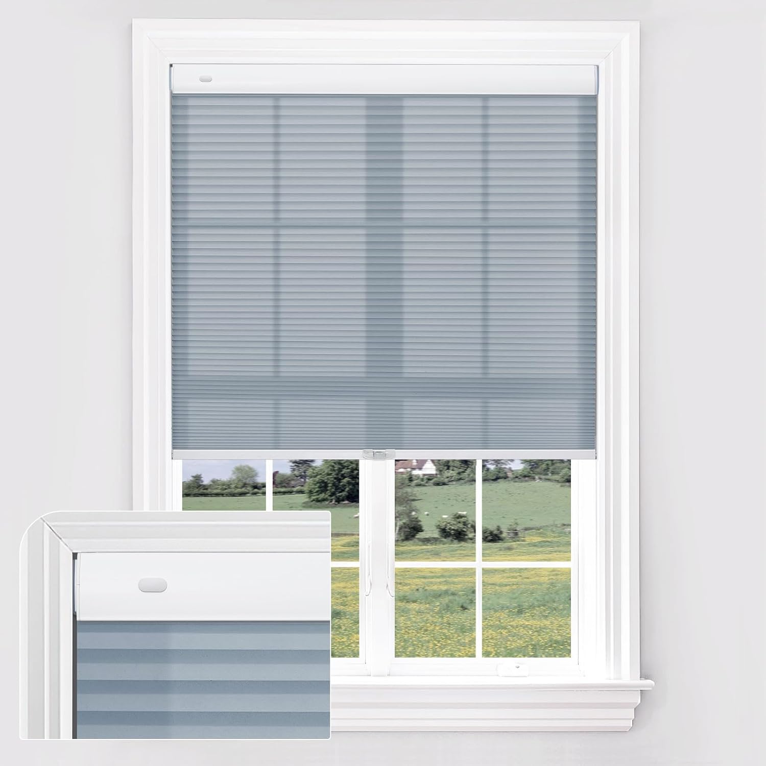 UrMoon No Tools No Drill Cordless Cellular Shades for Windows Tension Honeycomb Window Shades Blinds for Indoor Windows, Easy to Install, Light Filtering Blue, Custom Sizes