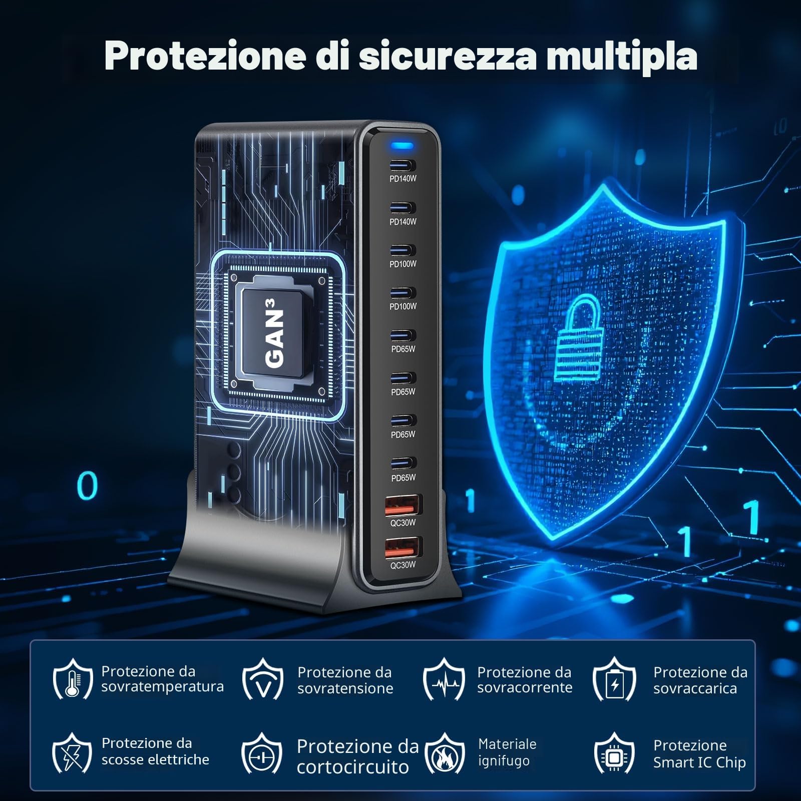 800W Caricatore USB Multiplo - 10 Porte (8 USB-C + 2 USB-A) con Ricarica Rapida, Stazione di Ricarica Compatta per Multi Dispositivi, Compatibile con MacBook, iPad, iPhone 16/15/14, Galaxy S22/S20