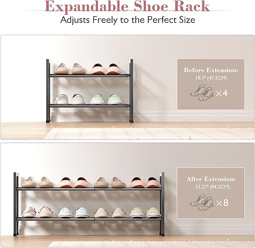 Miniatura 4 de Zapatero expandible de 3 niveles para armario, zapatero ajustable de 18 a 33 pulgadas para espacios pequeños, organizador de zapatos pequeño para