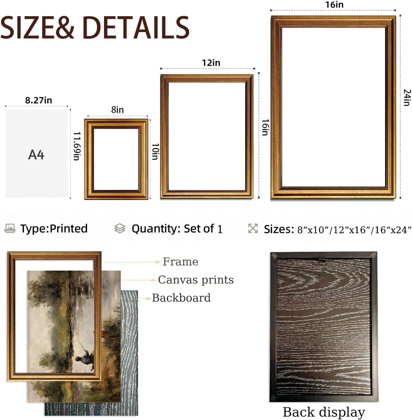 Gold Framed Wall Art Vintage Fishing Canvas Wall Art Boy and Dog Artwork Hunting Landscape Prints Rustic Cottagecore Picture for Living Room Farmhouse Office Decor, 16x24