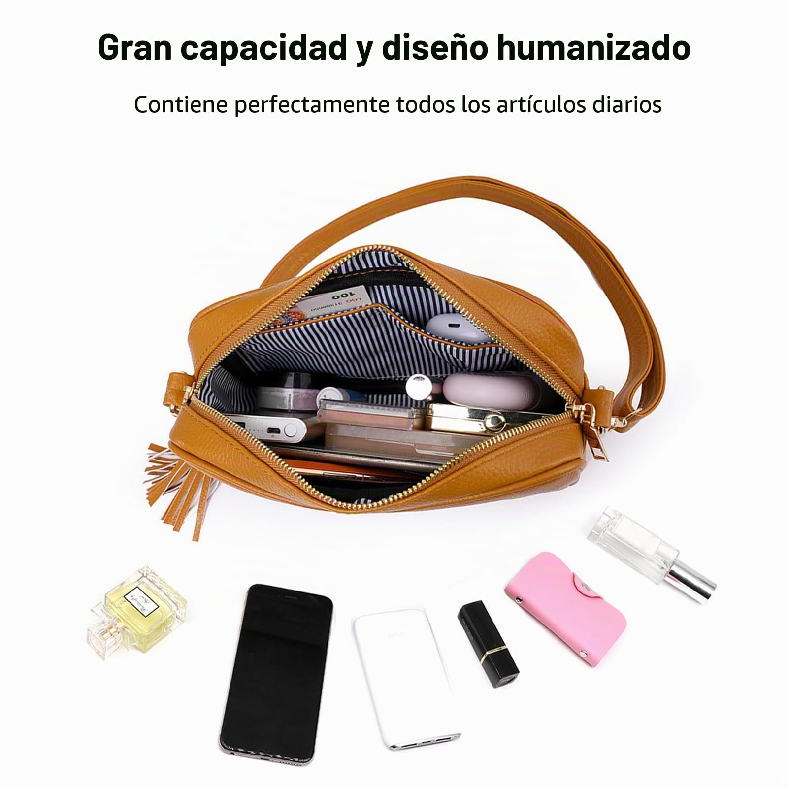 FANDARE Bolso Bandolera Mujer Bolso de Hombro PU Cuero Moda Bolsos Bandolera Elegante Bolso de teléfono Decoración Borla para el Hombro Bolso de Monederos Bolsa de Honda con Dos Correas Blanco