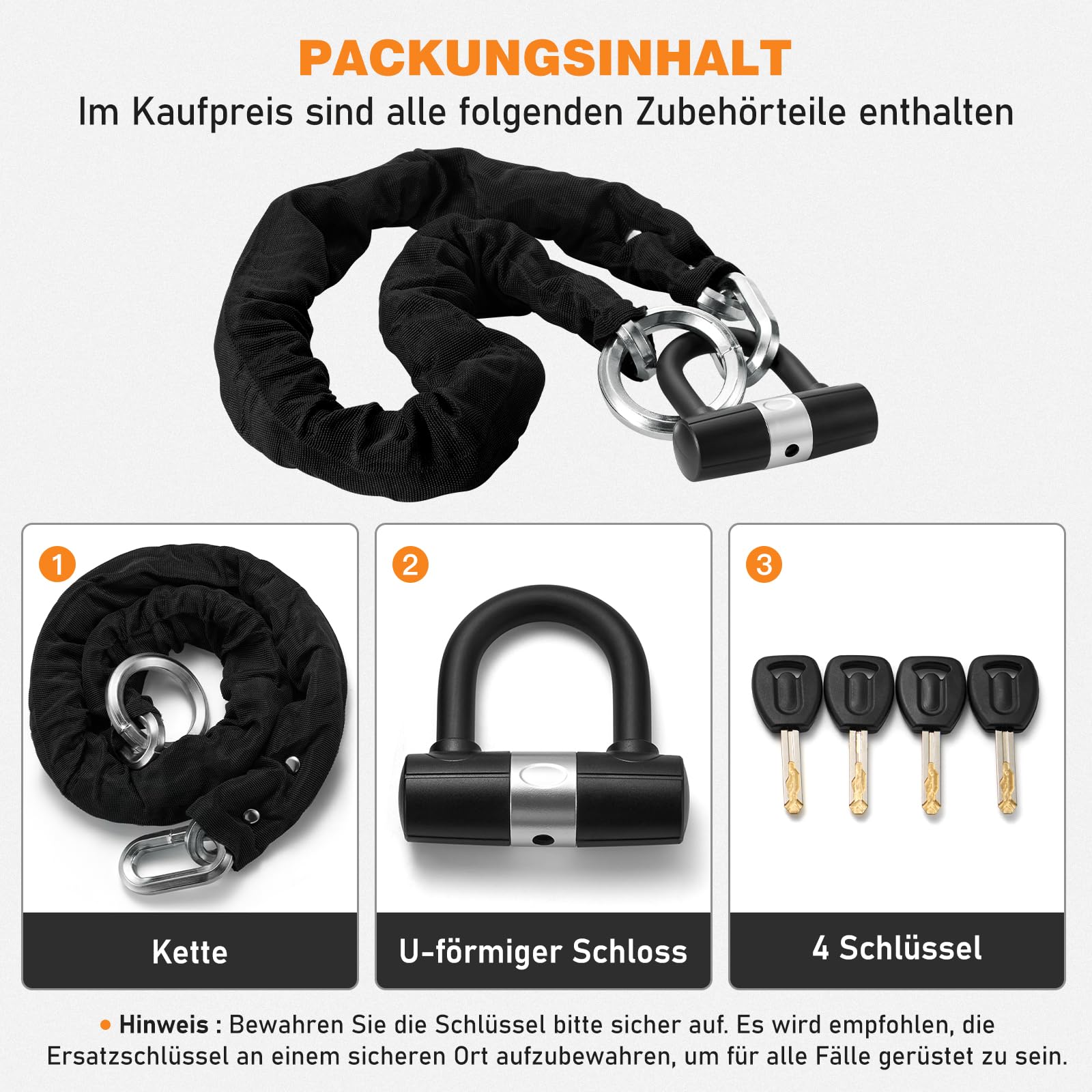 Motorrad Kettenschloss 12 mm, Gehärtete Sicherheitskette mit Bügelschloss und 4 Schlüsseln, Diebstahlschutz für Motorrad, E-Bike, Roller und Fahrrad, 150 cm – Silber