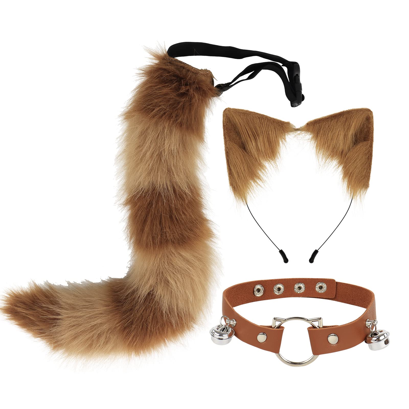 DRESHOW Fox Faux Fur Tail Cat Ears Headband Halloween Party Costume Neck choker Cosplay Set for Women, Faux Tail Set-17 Brown